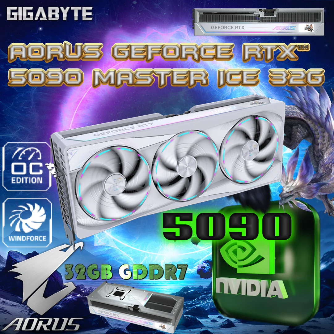 AORUS GeForce RTX™ 5090 MASTER ICE 32G 9VN5090AMI-00-G10 GIGABYTE AORUS MASTER ICE RTX 5090 32GB WHITE 6 MONTH WRTY Gigabyte AORUS GeForce RTX 5090 32GB GDDR7 OC Edition White GPU, 2655MHz, PCIe 5.0, WINDFORCE Cooling, RGB Halo, LCD Edge View, Dual BIOS, DLSS 4, HDMI 2.1b, DisplayPort 2.1b, ATX  | WHITE GV-N5090AORUSM ICE-32GD