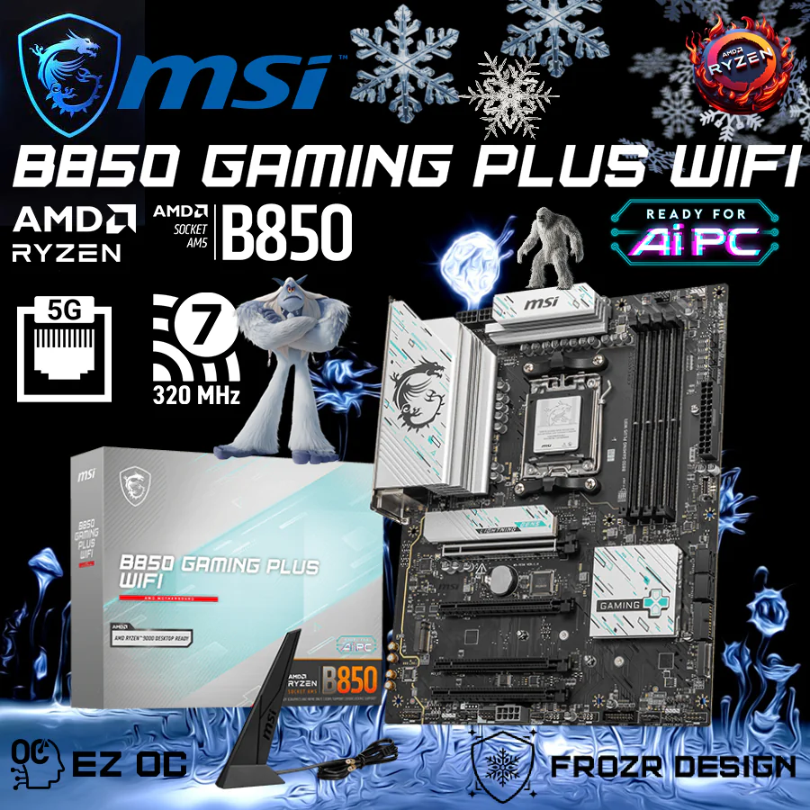 B850 GAMING PLUS WIFI 911-7E56-001 MSI B850 GAMING PLUS WIFI DDR5 MOTHERBOARD MSI B850 Gaming Plus WiFi ATX AMD Motherboard With Wi-Fi 7, 5G LAN, PCIe 5.0, DDR5 Support, 12+2+1 VRM Power, EZ DIY Features, Frozr Cooling , Supports AMD Ryzen™ 9000/ 8000/ 7000 Series , Socket AM5