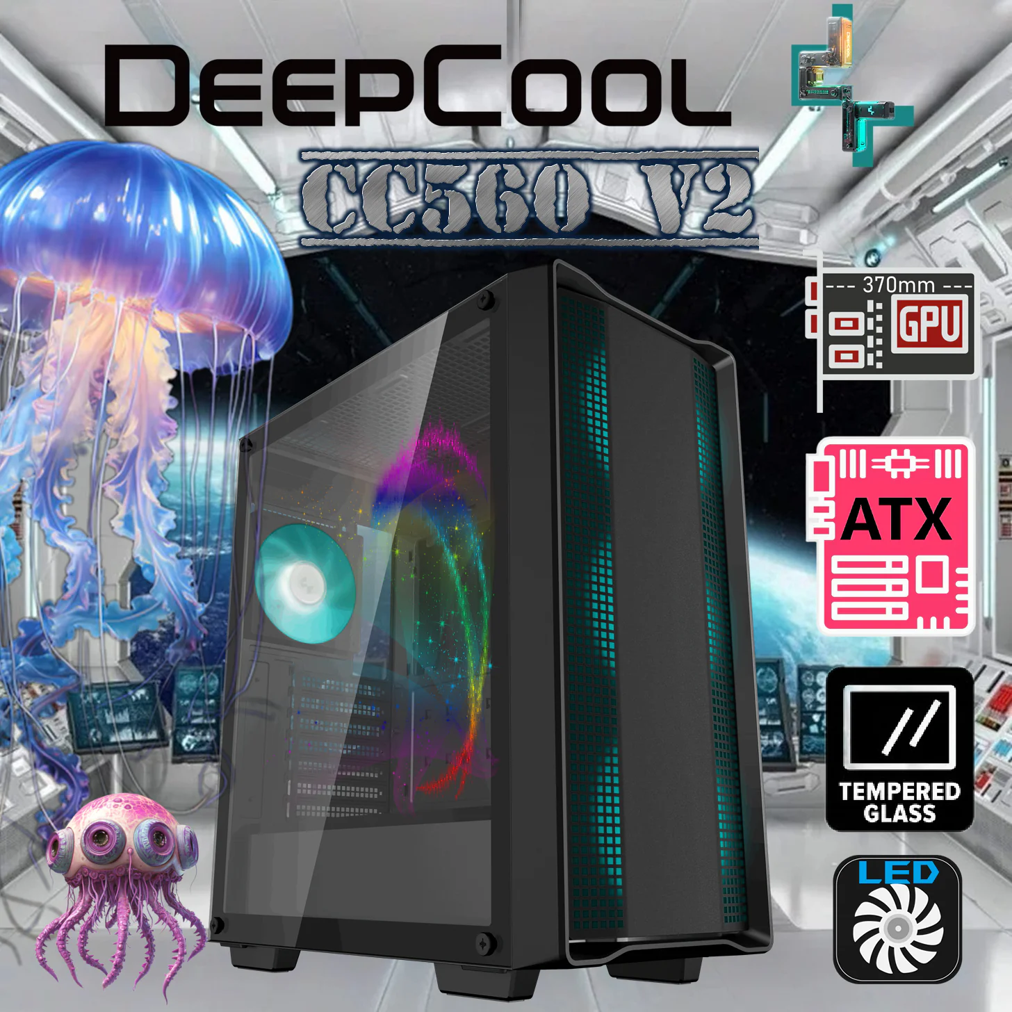 CC560 V2REFINED AIRFLOW CASE (PROFILE) R-CC560-BKGAA4-G-2 DEEPCOOL CC560 V2 MID TOWER MINI-ITX 370mm 4*FAN BLACK GAMING CASE DeepCool CC560 V2 Mid-Tower ATX Case With 4 Pre-Installed LED Fans, Tempered Glass Side Panel, 360mm Radiator Support, PSU Shroud Fans, USB 3.0, Up to E-ATX Motherboards , 370mm GPUs, 165mm CPU Coolers, 170mm PSU | BLACK