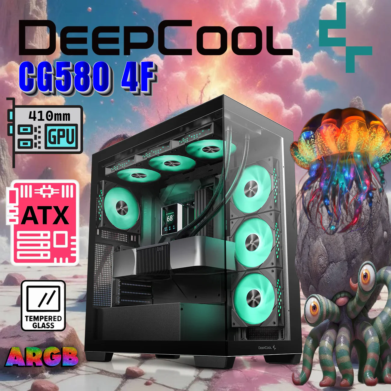 R-CG580-BKADA4-G-1 DEEPCOOL CG580 4F MID TOWER ITX 410mm 4*FAN ARGB BLACK GAMING CASE DeepCool CG580 4F Black Mid-Tower Case With 4 ARGB Fans, 270° Panoramic Glass Panels, 360mm Radiator Support, USB-C, ATX Compatibility, GPU Up To 410mm, PSU 210mm, 7 Slots | BLACK