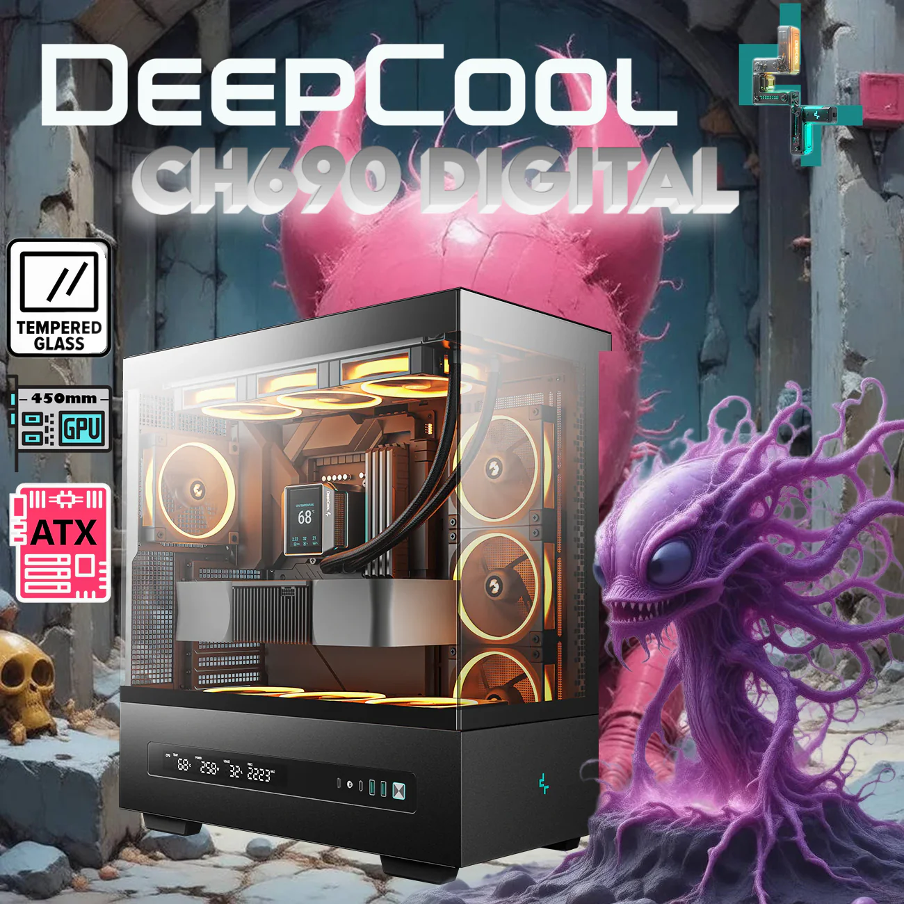 CH690 DIGITAL Black Profile R-CH690-BKNNA0D-G-1 DEEPCOOL CH690 DIGITAL MID TOWER MINI-ITX 450mm BLACK GAMING CASE DeepCool CH690 DIGITAL PC Case With Digital Display, Glass Panel, GPU Holder, USB-C, 450mm GPU, 420mm Radiator, ATX Support, 8 Slots, 3.5”+2.5” Drive Bays, Mesh Mod Option | BLACK