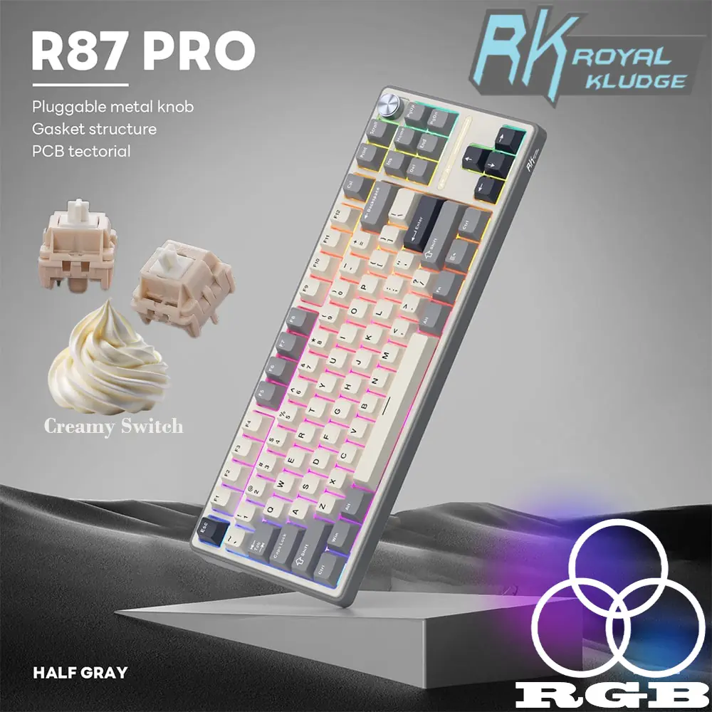 RKR87PRO-GREY-CREAMY ROYAL KLUDGE RKR87 PRO 88KEYS / CREAMY SWITCH / HALF GREY RGB WIRED SWAPPABLE KEYBOARD RK ROYAL KLUDGE R87 Pro Wired Gaming Keyboard Gasket Mechanical Keyboard RGB Hot Swappable Knob Backlit Gaming Keyboard 88 Keys TKL Gasket Mounted Custom Keyboard with QMK/VIA Cream Switch | Half Grey