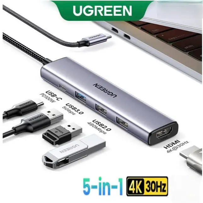DDDDDDDDDDDDDDDDD1 UGREEN 5-in-1 USB-C Multiport Adapter | 4K HDMI, 100W PD, USB 3.0 & USB 2.0 | Ultra-Fast File Transfer | Broad Compatibility | Compact & Travel-Ready Hub - Image 1