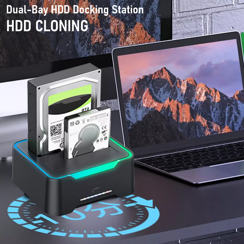 Dual-Bay USB 3.0 Docking Station for 2.5 3.5 inch SATA HDD SSD Cloning - hek D25-3.0-RGB DOCK STATION 2.5/3.5 SATA 40TB USB 3.0 TYPE-C 3.1 NO LIGHT BLACK USB 3.0 Dual-Bay HDD SSD Docking Station , Offline Clone, 5Gbps Transfer, Tool-Free Design, 12V/3A Power, Supports 2.5/3.5" SATA Drives Up To 16TB | BLACK NON-RGB