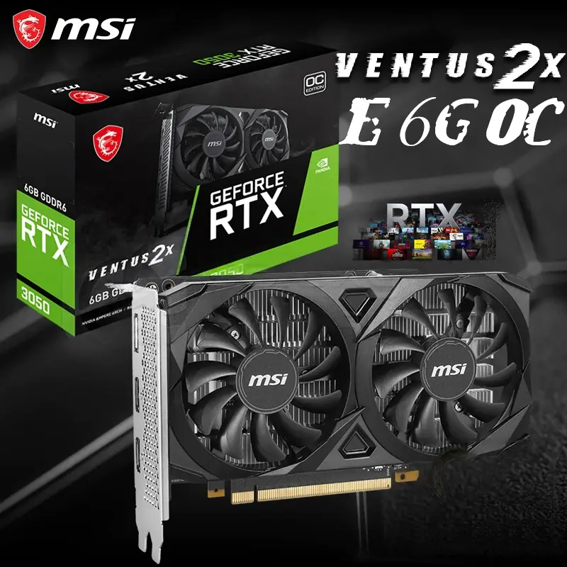 GeForce RTX 3050 VENTUS 2X E 6G OC 912-V812-055 MSI GeForce RTX 3050 VENTUS 2X E 6G OC MSI GeForce RTX 3050 Ventus 2X E 6G OC With 6GB GDDR6, Dual Fans, 2304 Units CUDA , 1492MHz Boost, HDMI 2.1, DisplayPort, Ray Tracing, MSI Center & Afterburner, 96-Bit, PCIe 4.0 | BLACK
