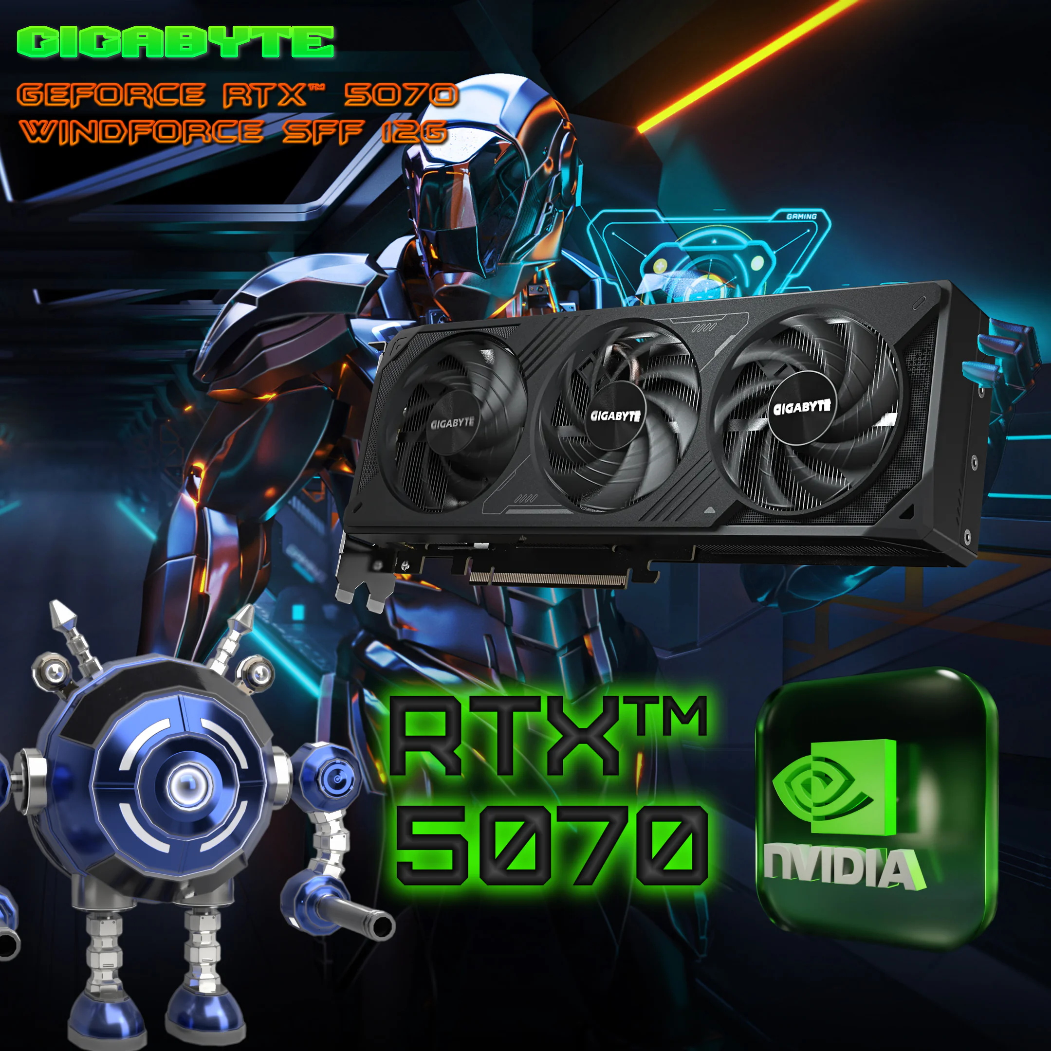 9VN5070W-00-G10 GIGABYTE WINDFORCE RTX 5070 12GB 3X Gigabyte GeForce RTX 5070 Windforce SFF 12G With DLSS 4, 192 bit 12GB GDDR7, 2512MHz Core Clock, 6144 CUDA® Cores, PCIe 5.0, NVIDIA Reflex 2, Hawk Fan, Graphene Lubricant, And G-SYNC | STEALTH BLACK