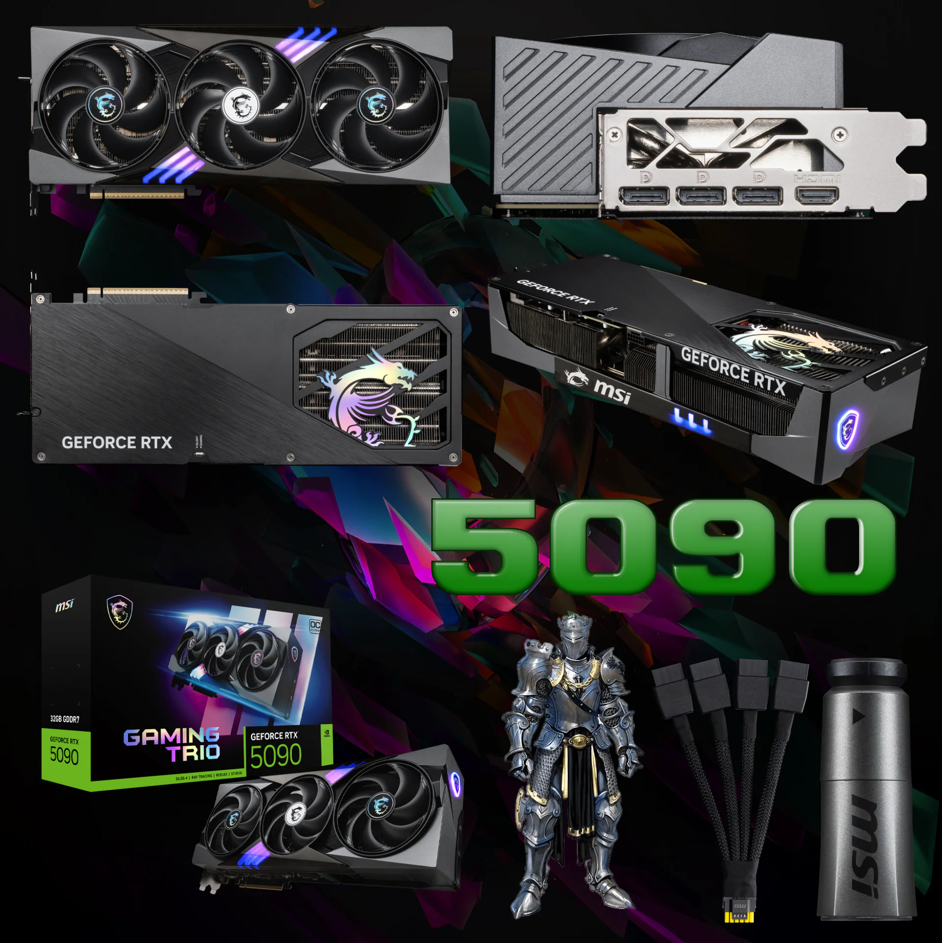 GeForce RTX™ 5090 32G GAMING TRIO OC-all-pics 912-V530-070 MSI RTX 5090 GAMING TRIO OC 32GB 3X RGB 6 MONTH WRTY MSI GeForce RTX 5090 32G GAMING TRIO OC Graphics Card – 512-bit 32GB GDDR7, 2497 MHz Extreme,  NVIDIA Blackwell Architecture, DLSS 4, 28Gbps, TRI FROZR 4 Cooling, 575W, HDMI 2.1b, DisplayPort 2.1b, PCIe 5.0, 1000W PSU Required | BLACK