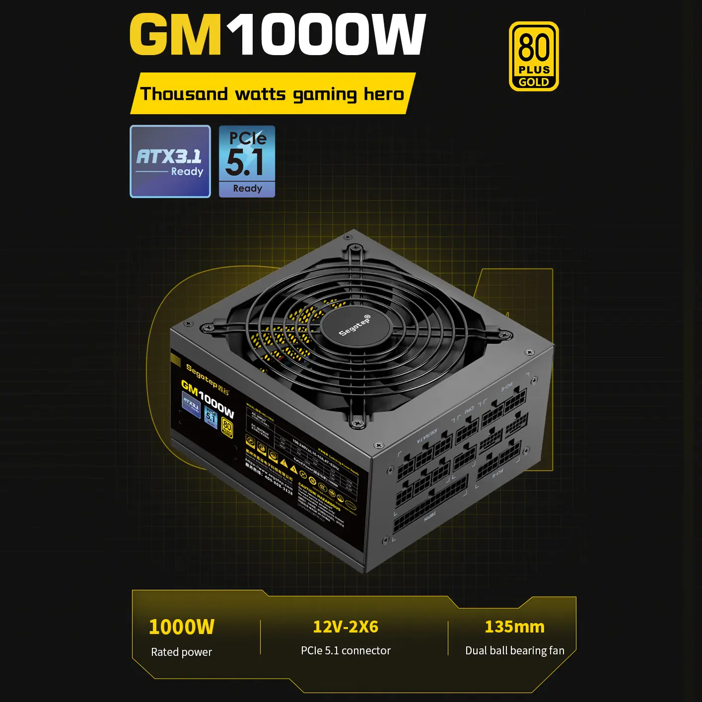Segotep GM1000W 80+ Gold PSU | Fully Modular | PCIe 5.1 Ready | ATX 3.1 Compliant | Smart Cooling | High Efficiency | Wide Voltage Support | Black