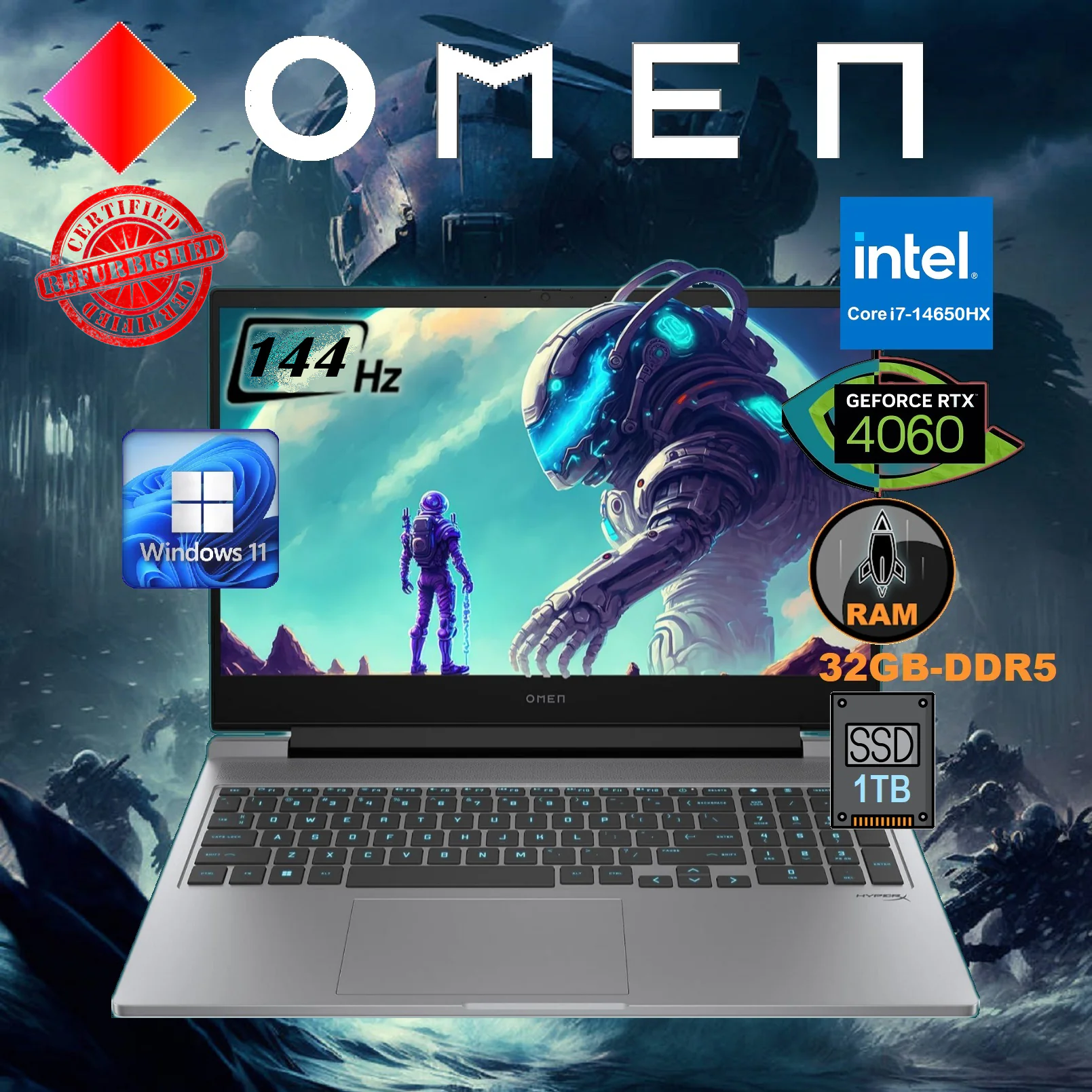 HP-OMEN-i7-14650HX-RTX-4060-32GB-DDR5-RAM-1TB-SSD-Windows-11-144hz-1 (1) 9R8T5UAR#ABA HP OMEN GAMING 16-AE0073CL I7-14650HX 32GB / 1TB / 16.0" / FHD / 4060,8GB / WIN11 REFURB HP OMEN 16-ae0073cl Intel® Core™ i7-14650HX | 32GB DDR5 RAM , 1TB NVMe SSD | RTX 4060 , 8GB | 16.1" Full HD IPS 144Hz | 1-Zone RGB Backlit Keyboard | Windows 11 | 9R8T5UAR Meteor Silver | FACTORY REFURB - 1 YEAR WARRANTY