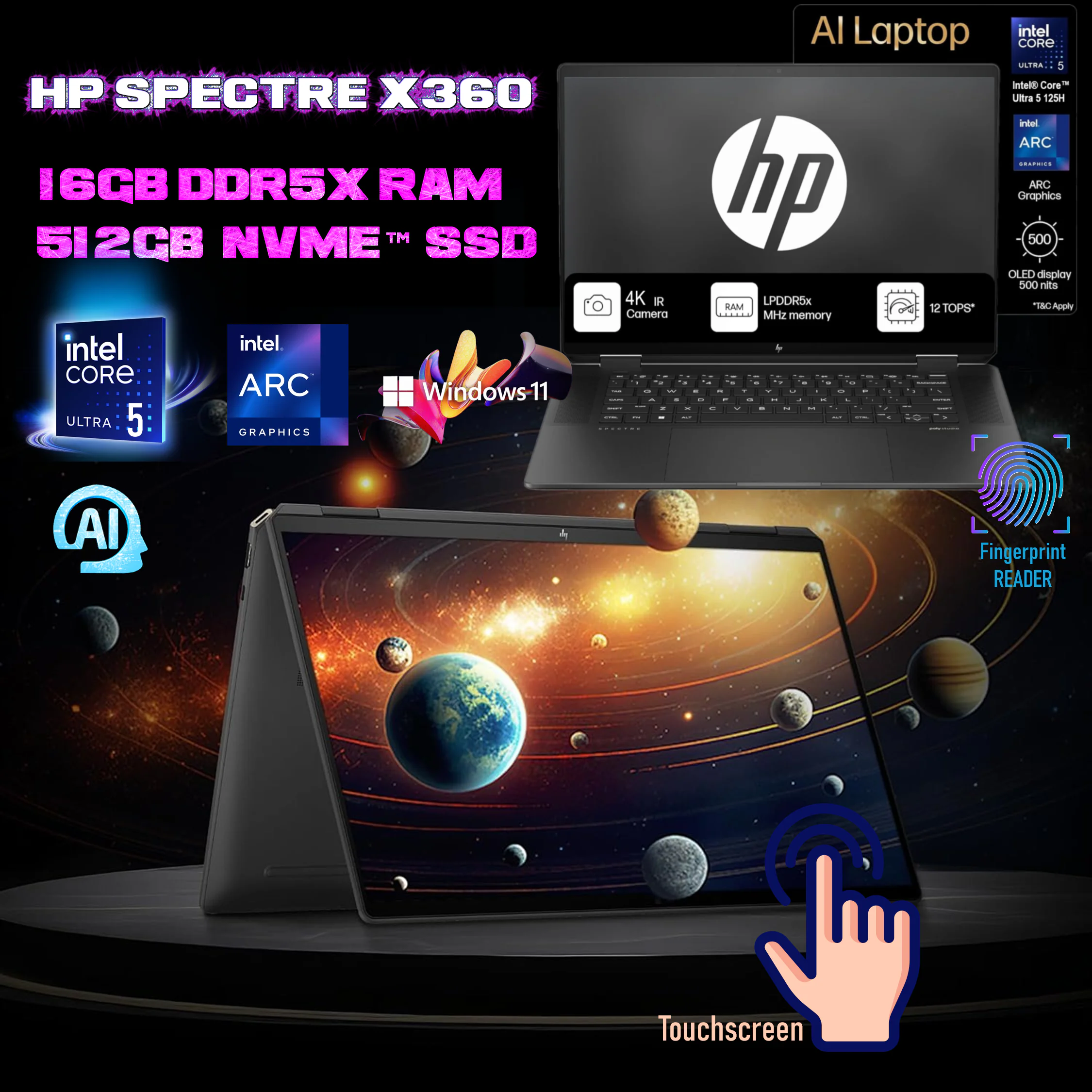 HP Spectre x360sdrfgj HP Spectre x360 2-in-1 Laptop PC 14-eu0000 Intel® Core™ Ultra 5 125H | 16GB DDR5x ; 512GB NVMe™ SSD | 14.0" Touchscreen 2.8K OLED 120Hz | Intel® Arc™ Graphics | Backlit Keyboard | Windows 11 | Nightfall Black - FACTORY REFURB