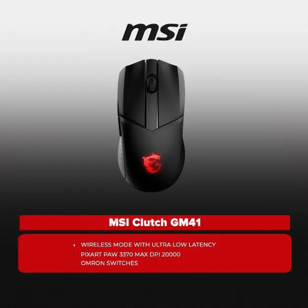 KJLLGOLOLT66452 MSI Clutch GM41 Lightweight Wireless Gaming Mouse | 20,000 DPI | 74g | RGB | OMRON Switches | 80hr Battery | Charging Dock Included - Image 1