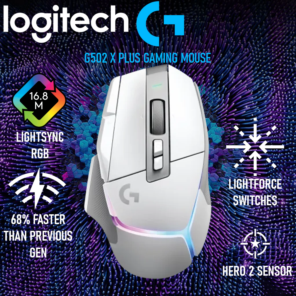 Logitech G502 X Plus Lightspeed Wireless Optical Mouse 910-006176 LOGITECH G502X PLUS GAMING MOUSE WHITE Logitech G502 X Plus Lightspeed Wireless Optical Mouse - LIGHTFORCE hybrid switches, LIGHTSYNC RGB, HERO 25K gaming sensor, compatible with PC - macOS/Windows | White