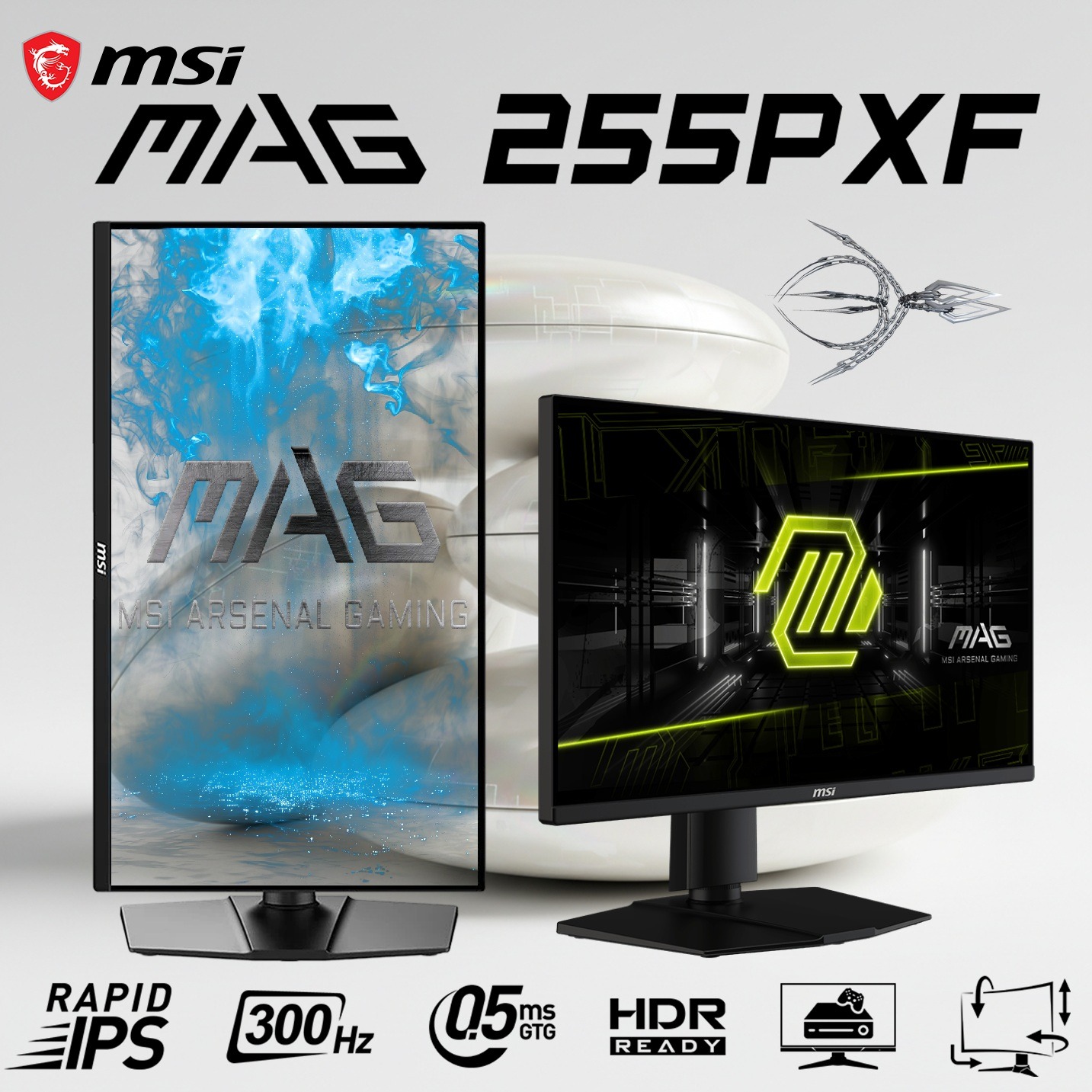 9S6-3BC24M-038 MSI 25 inch 300Hz IPS Monitor w Speakers MSI MAG 255PXF 24.5 inch Gaming Monitor with Built-In Speakers : Rapid IPS, 300Hz Refresh Rate, 0.5ms Response Time, AI Vision, AMD FreeSync™ Premium, HDR Ready, 120% sRGB, Rotatable Height Adjustable