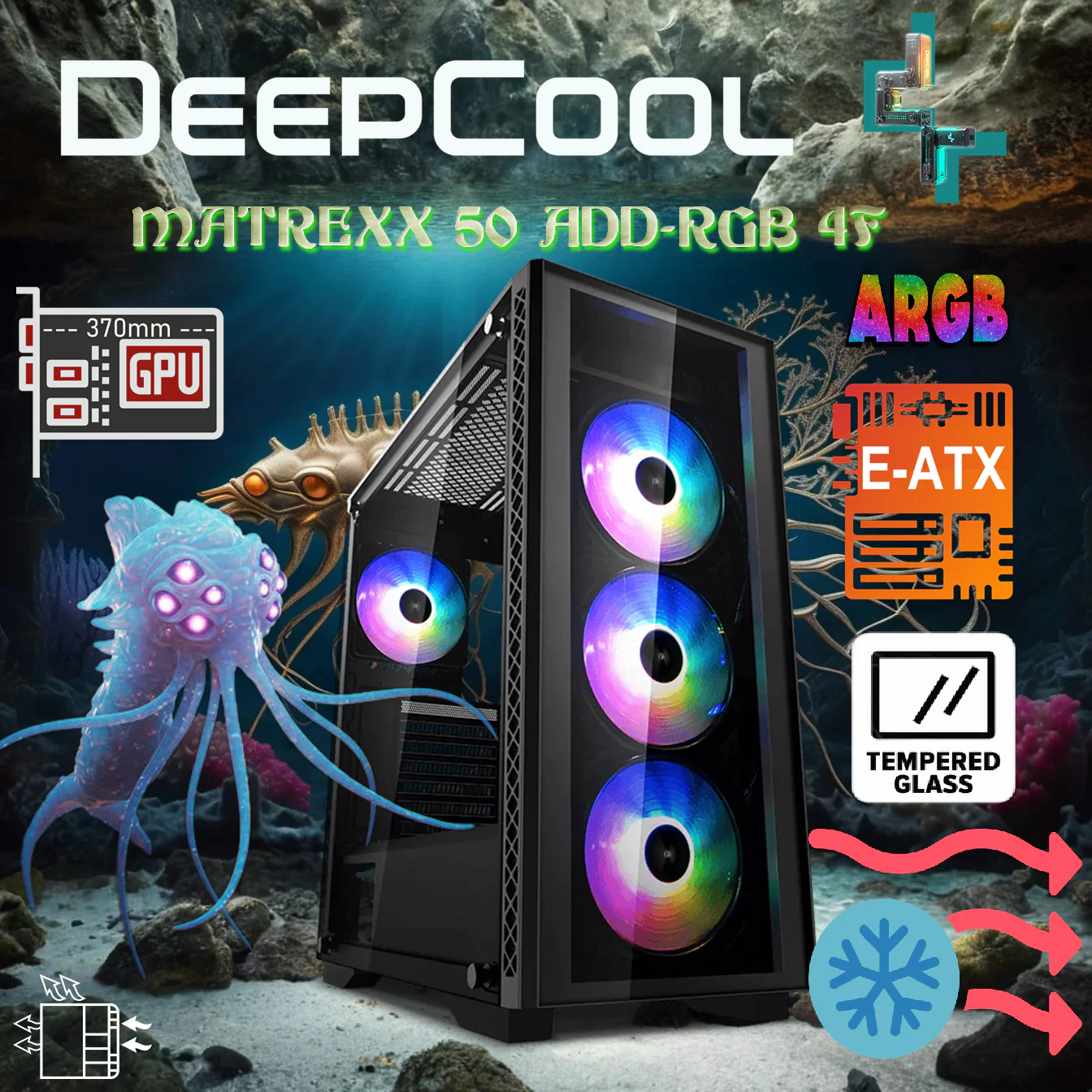 DP-ATX-MATREXX50-AR DEEPCOOL MATREXX 50 ADD-RGB 4F MID TOWER E-ATX 370mm BLACK CASE DeepCool Matrexx 50 ADD-RGB 4F Mid-Tower ATX Case With 4 A-RGB Fans, Dual Tempered Glass, 360mm Radiator Support, E-ATX Compatibility, PSU Shroud, Up To  370 mm GPU , 170 mm Max PSU ,USB 3.0 | BLACK