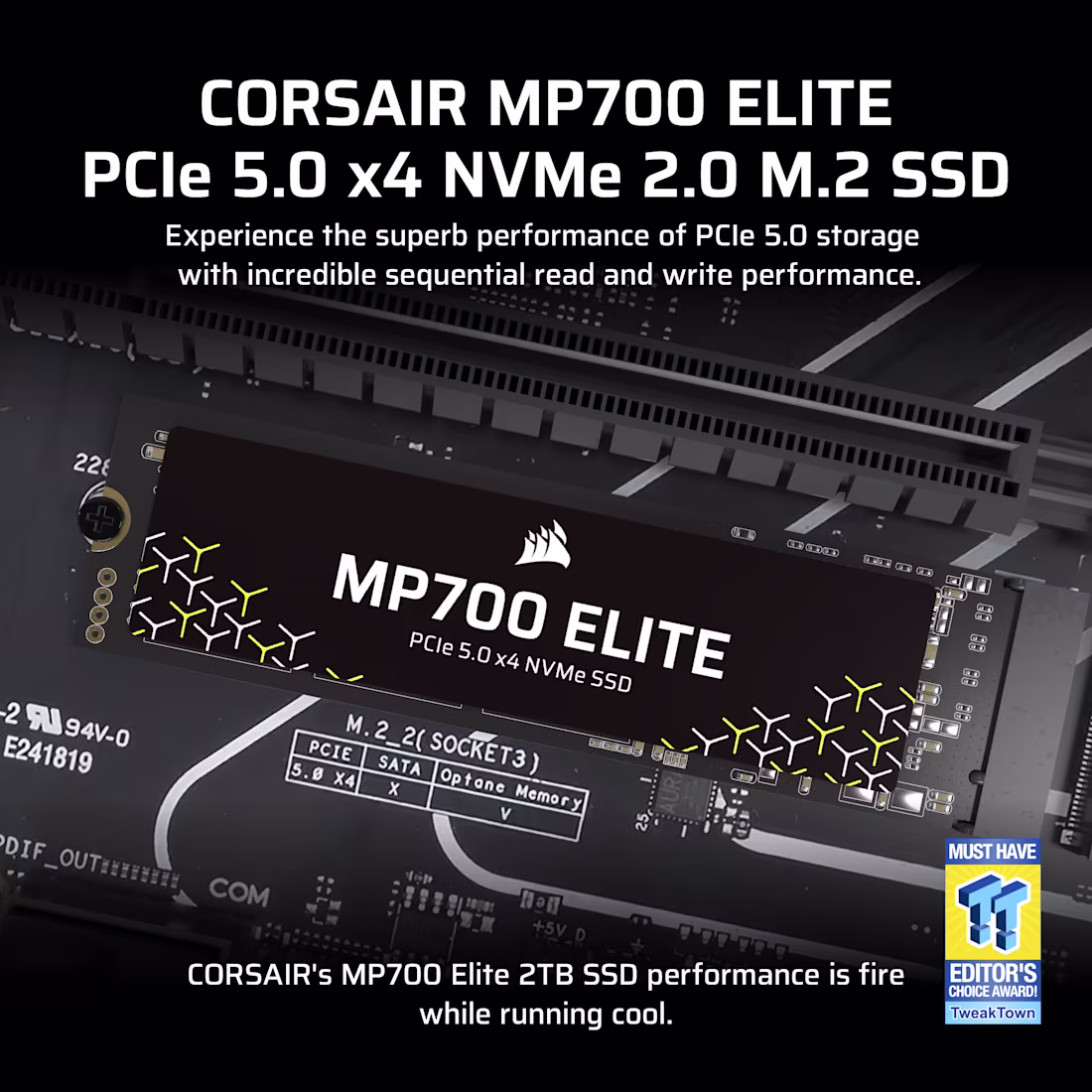 MP700_ELITE_02 (1) CORSAIR MP700 ELITE 2TB Gen5 NVMe SSD | Up to 10,000MB/s Read | PCIe 5.0 x4 | M.2 2280 | 3D TLC NAND | 1200 TBW | High-End Performance for Gaming & Creation - Image 1