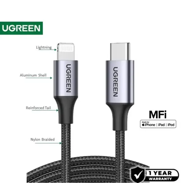 UGREEN USB-C To Lightning Cable 1.5M Black | MFI Certified | 60W Fast Charging | 480Mbps Data Sync | Braided & Durable | Apple Chipset | iPhone iPad iPod Compatible