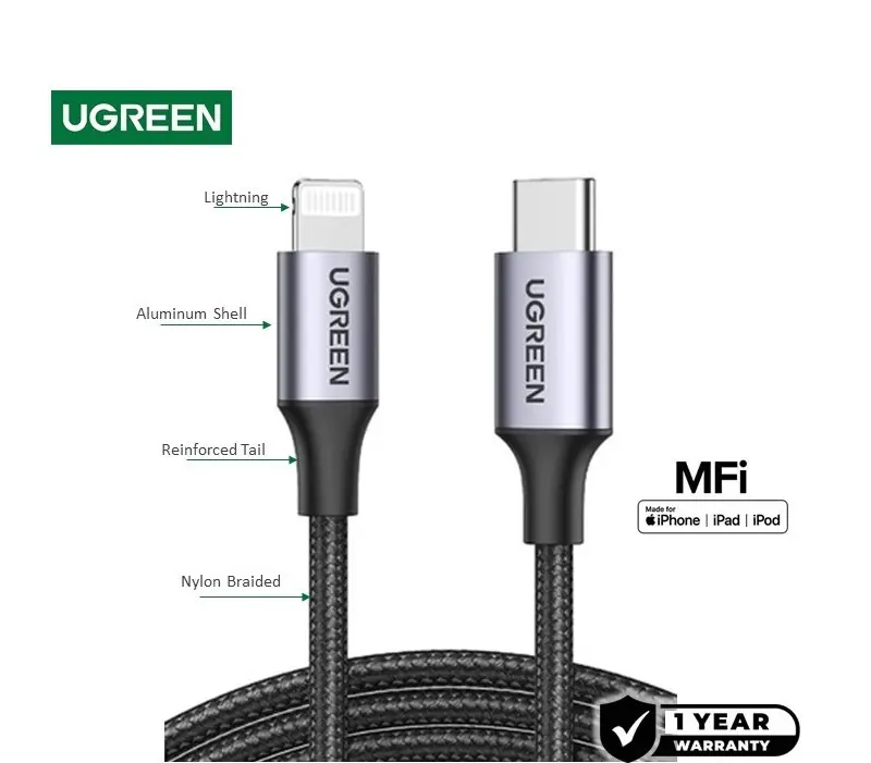 UGREEN USB-C To Lightning Cable 1.5M Black | MFI Certified | 60W Fast Charging | 480Mbps Data Sync | Braided & Durable | Apple Chipset | iPhone iPad iPod Compatible