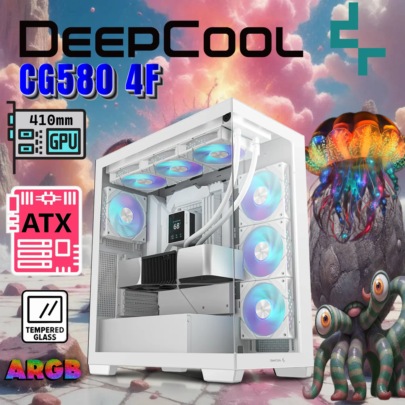 R-CG580-WHADA4-G-1 DEEPCOOL CG580 4F MID TOWER ITX 410mm 4*FAN ARGB WHITE GAMING CASE DeepCool CG580 4F WH Mid-Tower Case With 4 ARGB Fans, 270° Panoramic Glass Panels, 360mm Radiator Support, USB-C, ATX Compatibility, GPU Up To 410mm, PSU 210mm, 7 Slots | WHITE