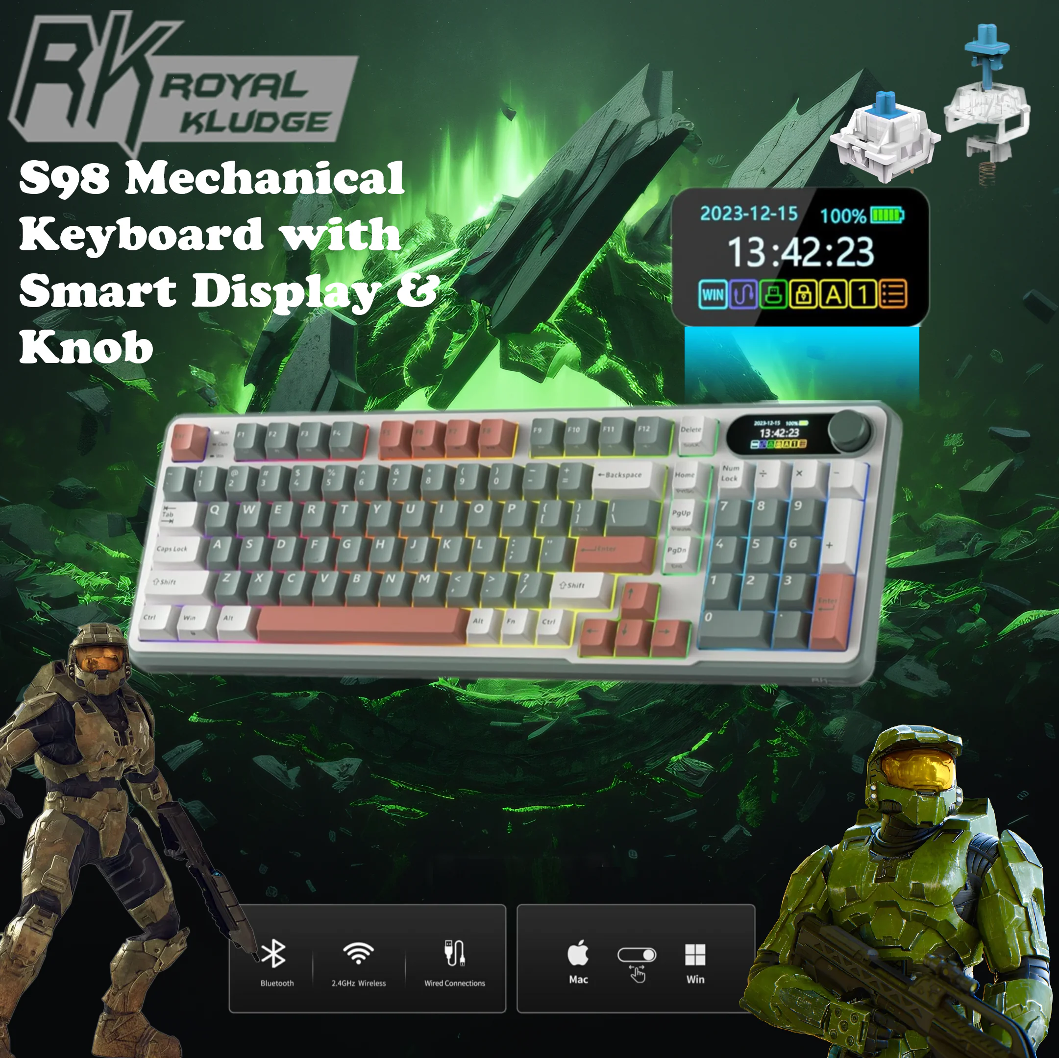 RKS98-CAMPING-BLUE ROYAL KLUDGE RKS98 98KEYS / BLUE SWITCH / CAMPING RGB (3C) W-W-B SWAPPABLE KEYBOARD RK Royal Kludge S98 96% Wireless Mechanical Keyboard With Smart Display, Knob, 12 Modes RGB, Hot Swappable Switches, Triple Mode, Sound Dampening & 3750mAh Battery, BLUE SWITCH | CAMPING CLAY GREEN