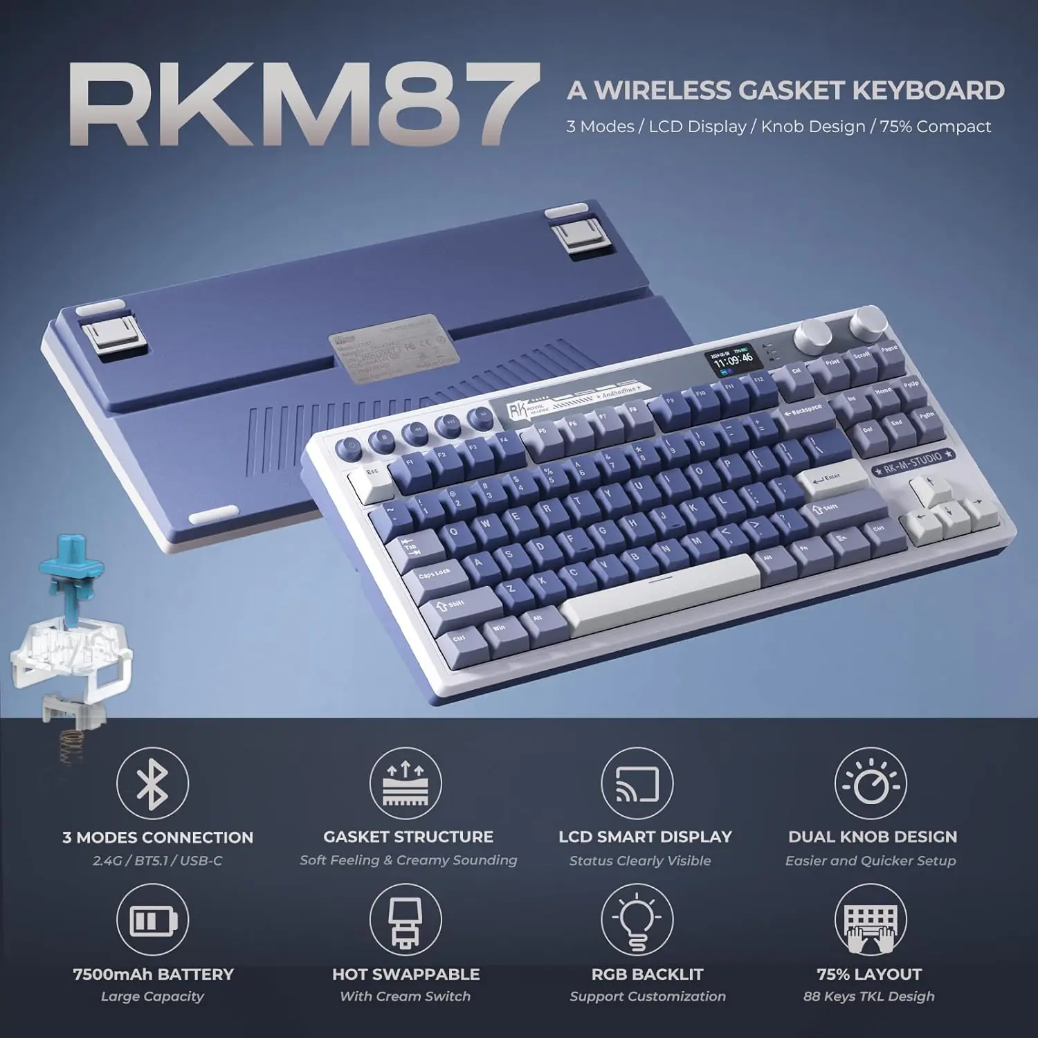 ROYAL KLUDGE RK M87 BLUE SWITCH RK-M87-OCEAN-BLUE ROYAL KLUDGE RK M87 88KEYS / BLUE SWITCH / OCEAN BLUE RGB TRI-MODE SWAPPABLE KEYBOARD RK ROYAL KLUDGE  RK M87 88-Key Wireless Gaming Keyboard with LCD Screen and Dual Knob, 75% Percent 2.4Ghz/Bluetooth/USB-C Mechanical Keyboard with Gasket Structure, RGB Backlit Hot Swappable Blue Switches | Ocean Blue