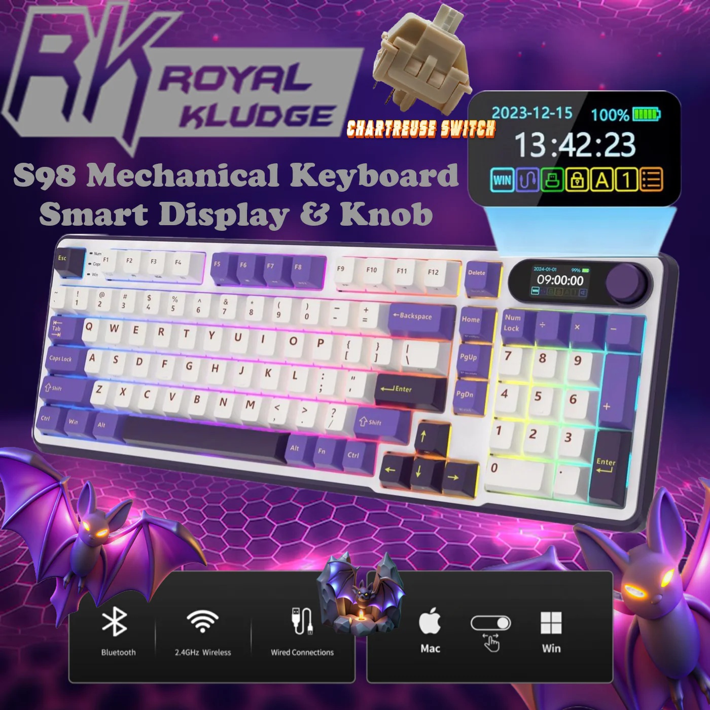 S98 Mechanical Keyboard Smart Display & Knob - PURPLE LAVANDER-chartreus switch RKS98-BLACKBERR-CHAR ROYAL KLUDGE RKS98 98KEYS / CHARTREUSE SWITCH / BLACKBERRY RGB (3C) W-W-B SWAPPABLE KB RK Royal Kludge S98 96% Wireless Mechanical Keyboard With Smart Display, Knob, 12 Modes RGB, Hot Swappable Switches, Triple Mode, Sound Dampening & 3750mAh Battery, CHARTREUSE SWITCH | BLACKBERRY LAVANDER