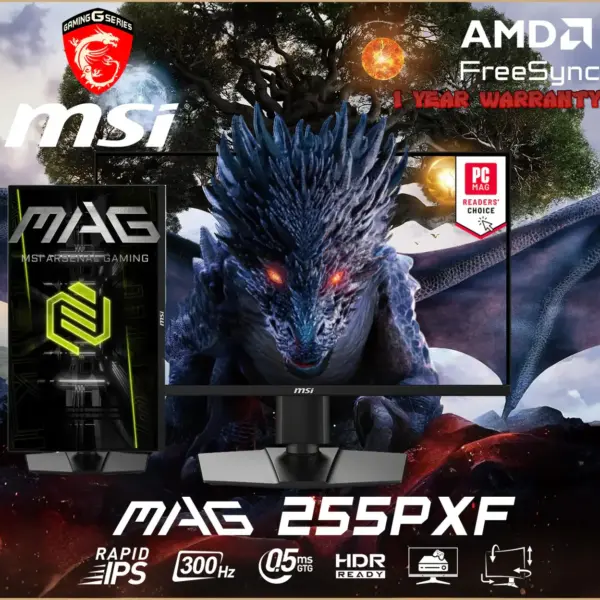 9S6-3BC24M-038 MSI 25 inch 300Hz IPS Monitor w Speakers MSI MAG 255PXF 24.5 inch Gaming Monitor with Built-In Speakers : Rapid IPS, 300Hz Refresh Rate, 0.5ms Response Time, AI Vision, AMD FreeSync™ Premium, HDR Ready, 120% sRGB, Rotatable Height Adjustable