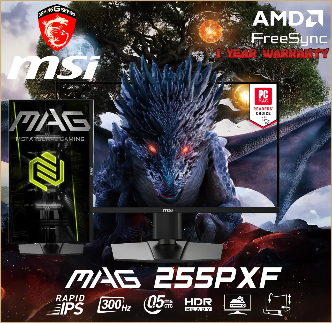 9S6-3BC24M-038 MSI 25 inch 300Hz IPS Monitor w Speakers MSI MAG 255PXF 24.5 inch Gaming Monitor with Built-In Speakers : Rapid IPS, 300Hz Refresh Rate, 0.5ms Response Time, AI Vision, AMD FreeSync™ Premium, HDR Ready, 120% sRGB, Rotatable Height Adjustable