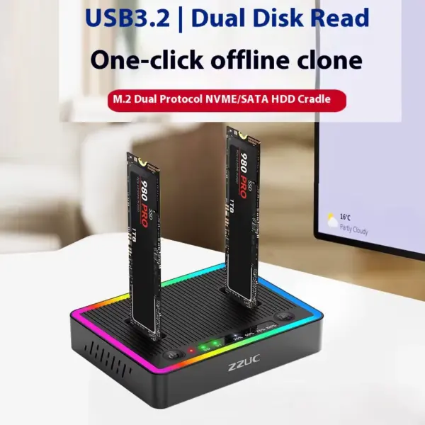 D902-M.2-20G DOCK STATION DUAL SATA SLOT 20GB USB 3.2 PLASTIC BLACK Tool-Free USB-C NVMe M.2 SSD Cloner Docking Station – Dual Bay, 20Gbps High-Speed, Offline Clone, Dual Protocol (NVMe/SATA), RGB LED, Compact & Driver-Free | BLACK