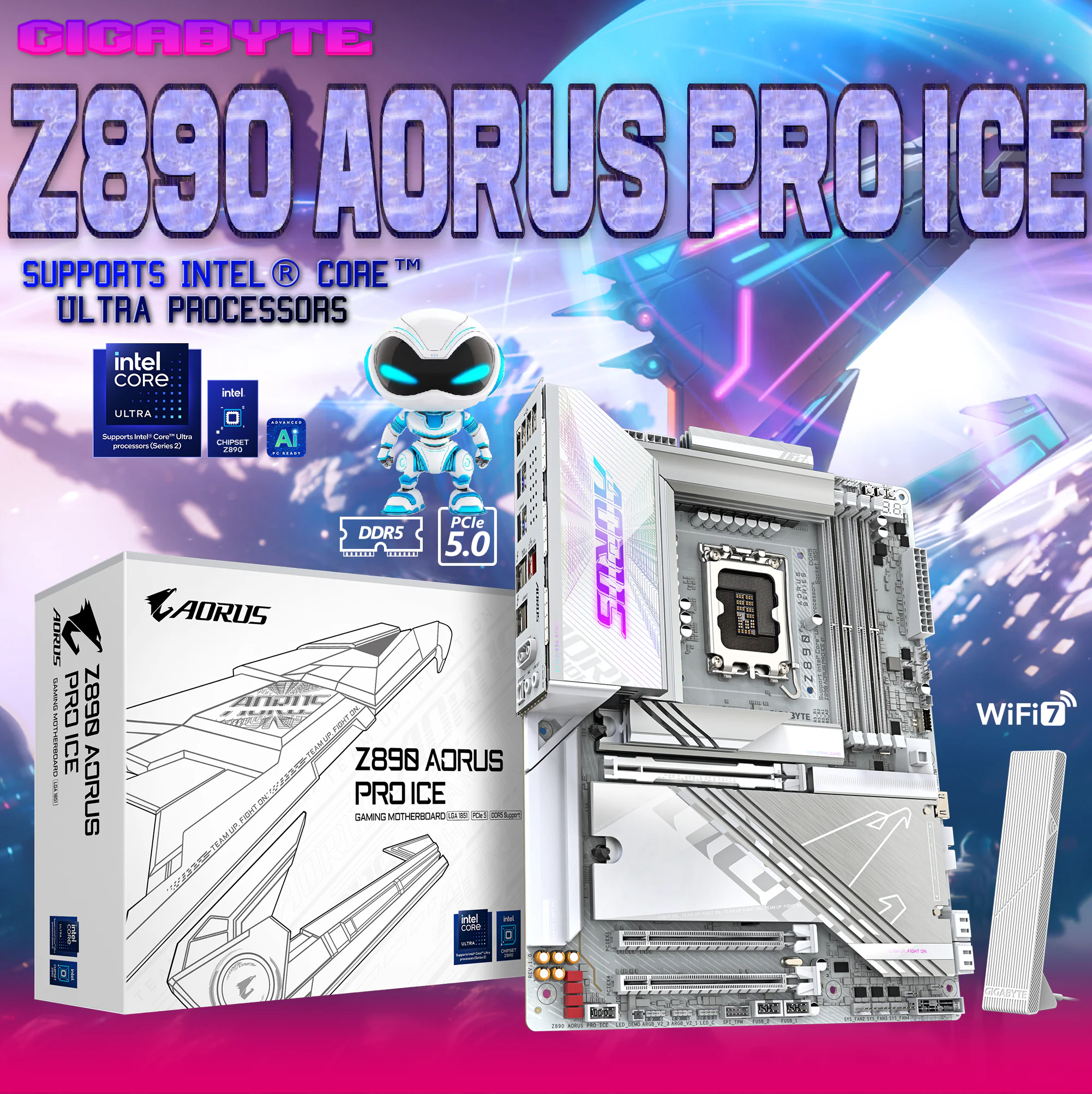 Z890 AORUS PRO ICE GIG-Z890-AORUS-PROIC GIGABYTE Z890 AORUS PRO ICE DDR5 LG1851 GIGABYTE Z890 AORUS PRO ICE Motherboard For Intel® Core™ Ultra Processors (Series 2) , LGA 1851, ATX, DDR5, 5x M.2, PCIe UD Slot X PCIe 5.0, Dual THUNDERBOLT™ 4 , WIFI7, 5GbE LAN, EZ-Latch | SILVER