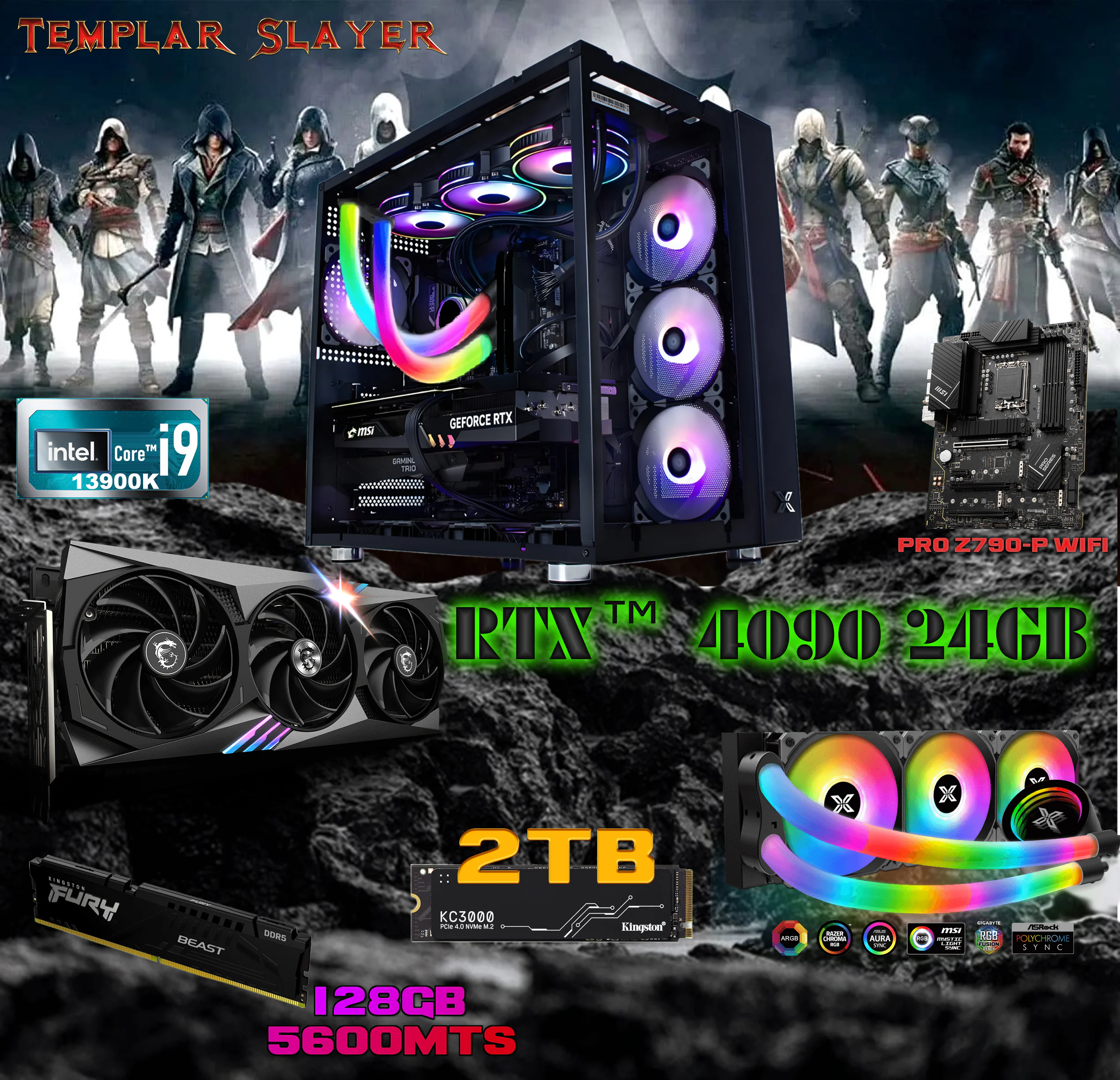 assasdfghed-zxcb1 13900K-4090 GAMING DESKTOP 13900K 128GB RAM 1000W 4090 2TB NVME XIGAMTEK AQURIUS Templar Slayer Used Gaming PC : Intel i9-13900K | MSI Gaming GeForce RTX 4090, 24GB | Kingston FURY Beast 128GB DDR5 RAM | 2TB Kingston KC3000 NVMe | Xigmatek Neon Aqua 360 CPU Liquid Cooler | MSI Z790 WiFi Motherboard | Asus TUF 1000W Gold PSU | Xigmatek Aquarius Pro PC Case | BLACK