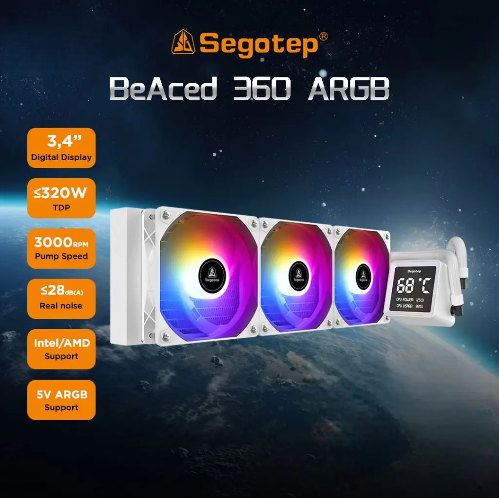 SEGOTEP BeAced 360 Liquid Cooler | 3x ARGB Fans | Digital Display | 360mm Radiator | Quiet Pump | Hydraulic Bearing | PWM Cooling | White