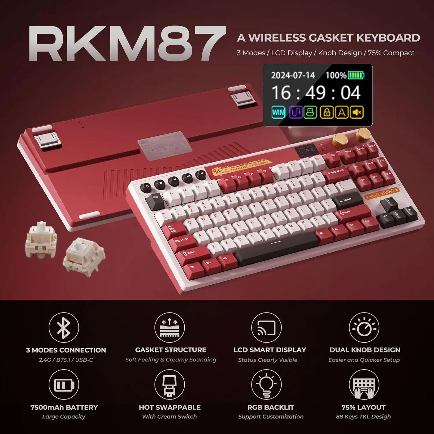 RK-M87-FAMICOM-BEIGE ROYAL KLUDGE RK M87 88KEYS / BEIGE SWITCH / FAMICOM RGB TRI-MODE SWAPPABLE KEYBOARD ROYAL KLUDGE RK M87 88-Key Gaming Mechanical Keyboard with LCD Smart Display, RGB Backlighting, Tri-Mode Connectivity, Hot-Swappable Beige Switches, and Multi-Function Dual Knobs | FAMICOM RED