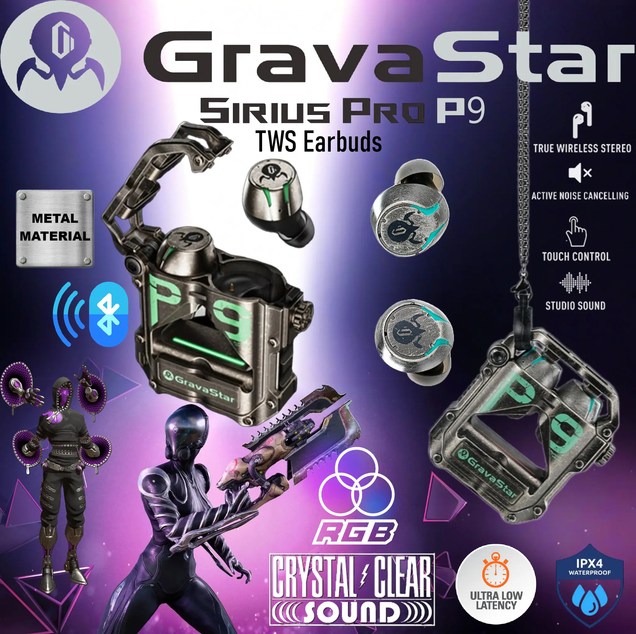 drtgj6130qwa3af 501184-PRO-P9-WG Sirius Pro P9 RGB TWS Metal Earbuds Waterproof GravaStar Sirius Pro P9 True Wireless Earbuds, Bluetooth 5.2, ENC Noise Cancelling, 65ms Low Latency, RGB Lights, IPX5 Waterproof, 16H Battery, Type-C Charging ; Metal necklace | WAR DAMAGED GREY