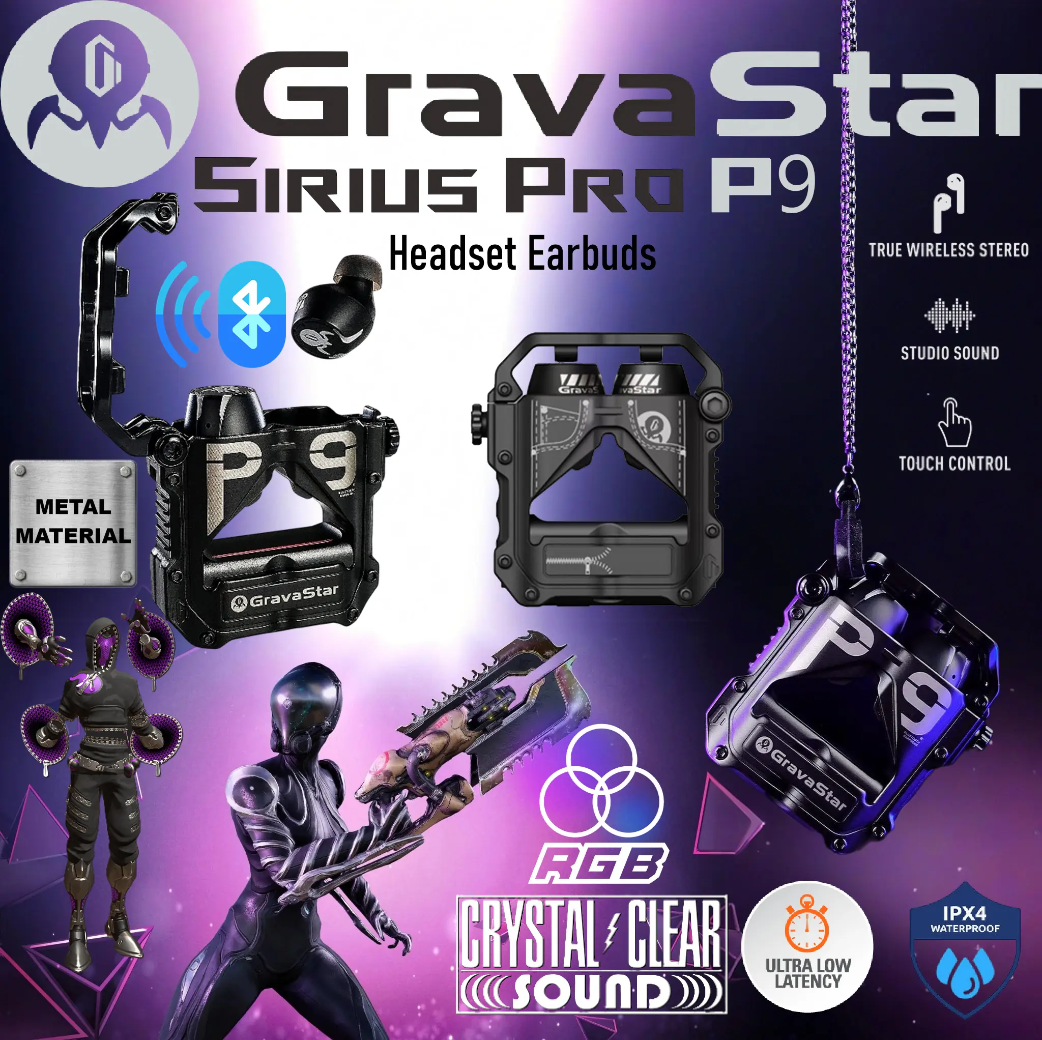 fghk37hkyhmyzfghk 501183-PRO-P9-MB Sirius Pro P9 TWS RGB Metal Earbuds Waterproof GravaStar Sirius Pro P9 True Wireless Earbuds, Bluetooth 5.2, ENC Noise Cancelling, 65ms Low Latency, RGB Lights, IPX5 Waterproof, 16H Battery, Type-C Charging ; Metal necklace | Solid Black