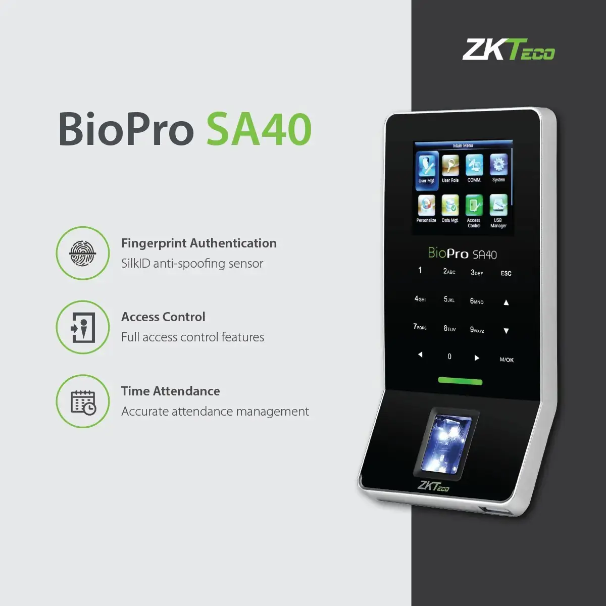ZKTeco BioPro SA40 | Fingerprint Time Attendance & Access Control Terminal | Ultra-Slim Design | 3,000 Fingerprints | No Wi-Fi | Multi-Interface Support