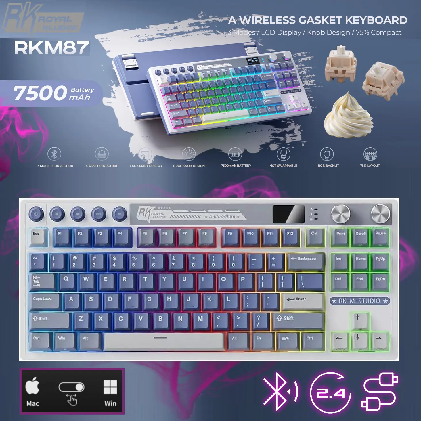 gfj1518d RK-M87-OCEAN-CREAM ROYAL KLUDGE RK M87 88KEYS / CREAM SWITCH / OCEAN BLUE RGB TRI-MODE SWAPPABLE KEYBOARD RK ROYAL KLUDGE RK M87 88-Key Wireless Gaming Keyboard with LCD Screen and Dual Knob, 75% Percent 2.4Ghz/Bluetooth/USB-C Mechanical Keyboard with Gasket Structure, RGB Backlit Hot Swappable Cream Switches | Ocean Blue