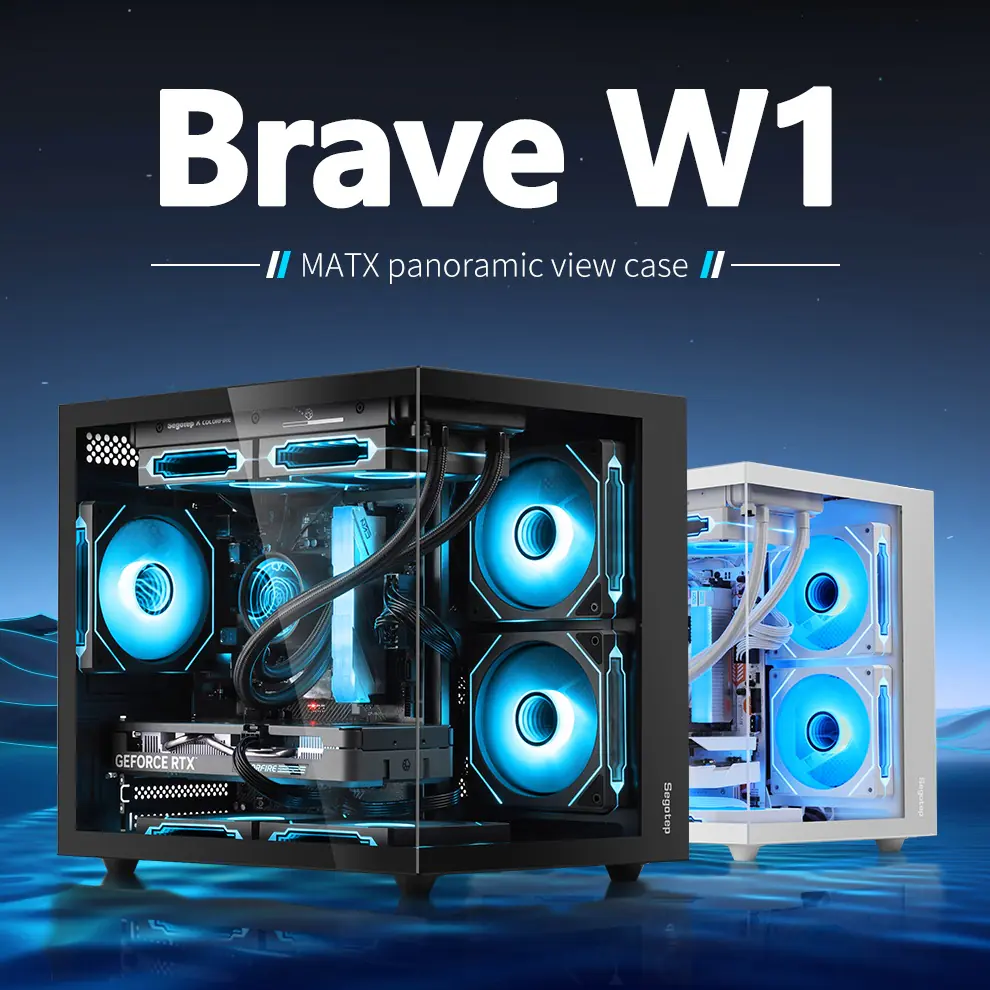 Segotep Brave W1 M-ATX Case | Compact Gaming Case with Tempered Glass | USB Type-C Support | Up to 240mm Liquid Cooling | Sleek, Airy Design | Black