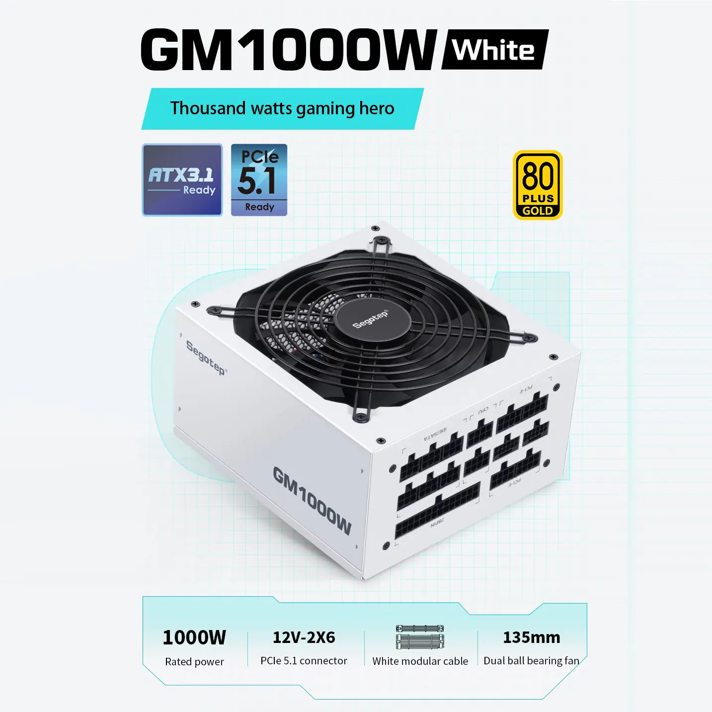 hsyt37762xxafw Segotep GM1000W 80+ Gold PSU | Fully Modular | PCIe 5.1 Ready | ATX 3.1 Compliant | Smart Cooling | High Efficiency | Wide Voltage Support | White - Image 1