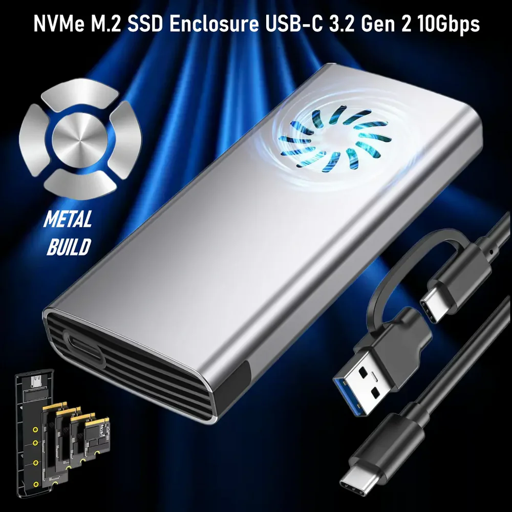 M15-FAN ENCLOSURE M15 REALTEK 9220NVME SOLID STATE SSD USB 3.1 TYPE-C 20G DUAL+ ALUMINUM SILVE NVMe M.2 SSD Metal Enclosure USB-C 3.2 Gen 2 10Gbps Adapter With  Tool-Free Design, UASP Trim Support, M-Key/B+M Key For 2242/2280 PCIe SATA SSD | GREY