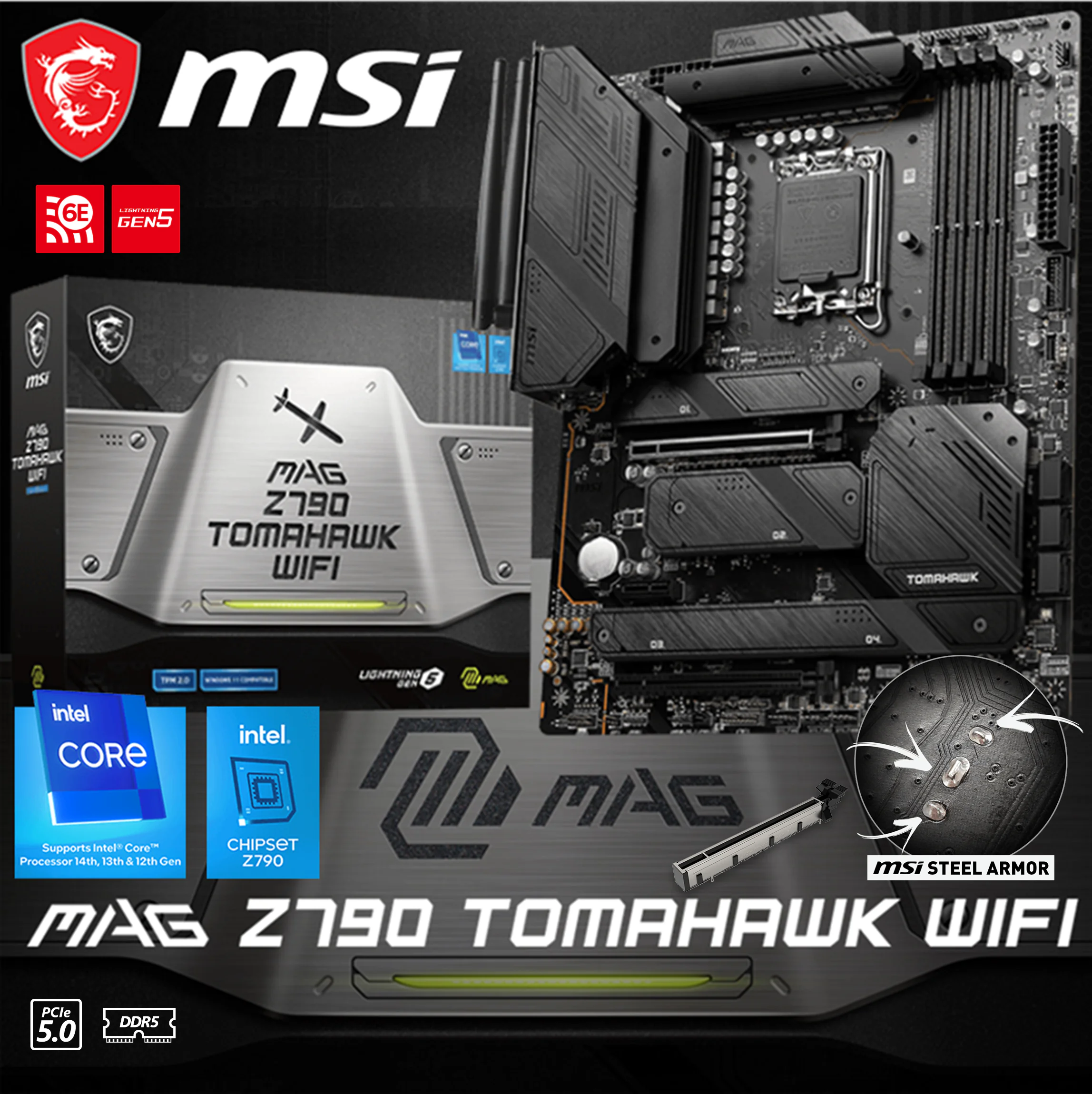 msi-mag-motherboard 911-7D91-042 MSI MAG Z790 TOMAHAWK WIFI DDR5 MOTHERBOARD MSI MAG Z790 Tomahawk WiFi Gaming Motherboard (Supports 12th/13th/14th Gen Intel Processors, LGA 1700, DDR5, PCIe 5.0, M.2, 2.5Gbps LAN, USB 3.2 Gen2, HDMI/DP, Wi-Fi 6E, Bluetooth 5.3, ATX)