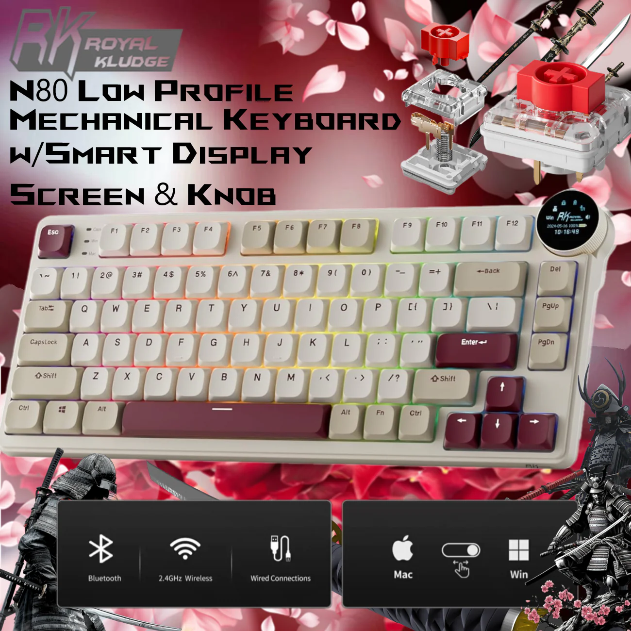 RKN80-ROSY-RED ROYAL KLUDGE RKN80 80KEYS / RED SWITCH / ROSY CLOUD RGB (3C) W-W-B KEYBOARD RK ROYAL KLUDGE N80 Low Profile Mechanical Keyboard w/Smart Display Screen & Knob, 75% Top Mount 3-Modes Wireless Mechanical Keyboard, Software Support, Massive Battery, 80 Keys, Quiet Red Switch | Dune Red
