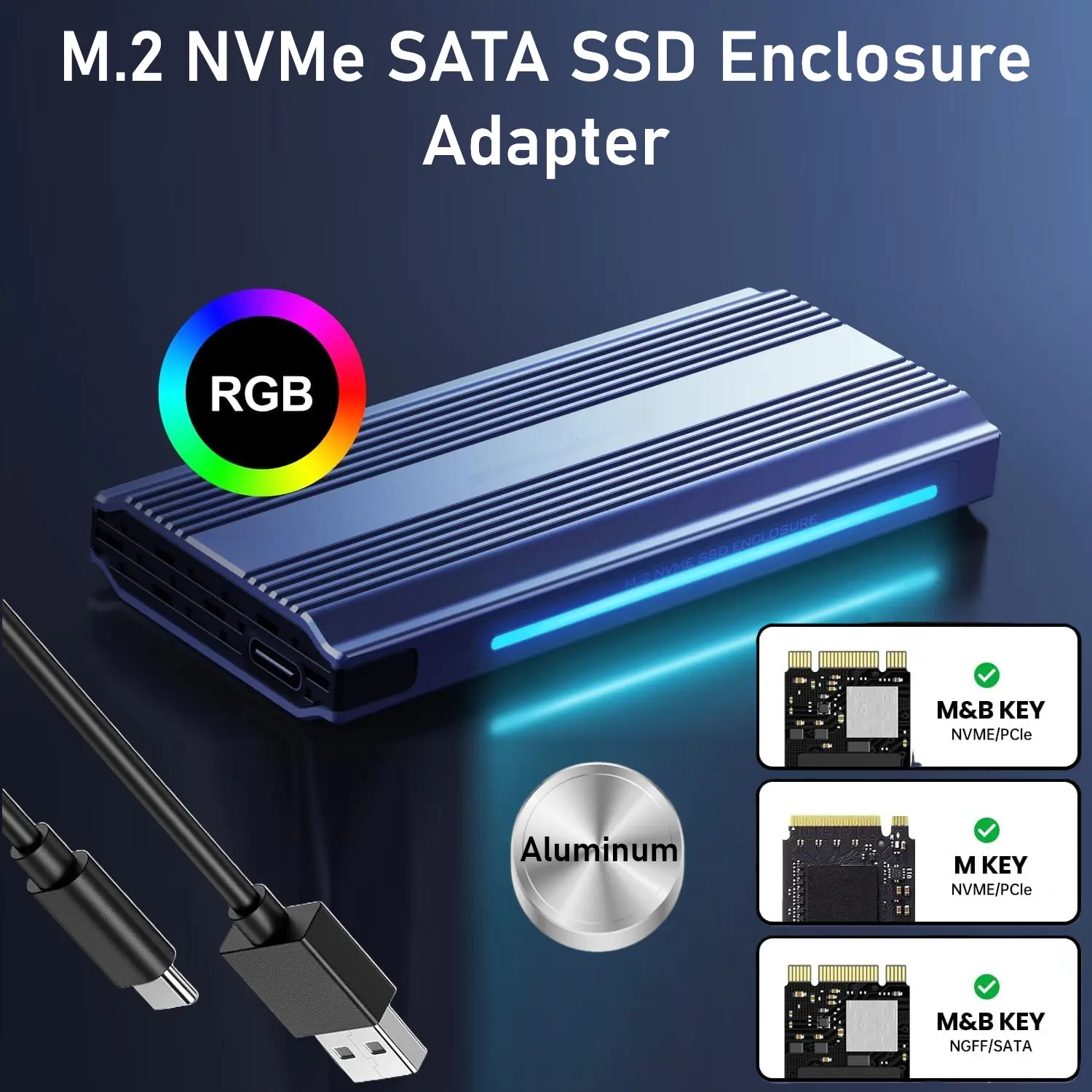 M18RGB-SN ENCLOSURE M18 RGB 2IN1 USB 3.1 TYPE-C M.2 SATA +M.2 NVME ALUMINUM SILVER M.2 NVMe SATA SSD Enclosure Adapter Aluminum, 10Gbps USB 3.2 Gen 2 to NVMe SATA M-Key/(B+M) Key, Tool-Free Case w/ UASP, TRIM, Heat Sink, LED, Up to 8TB, 2242/2260/2280 | Silver Grey
