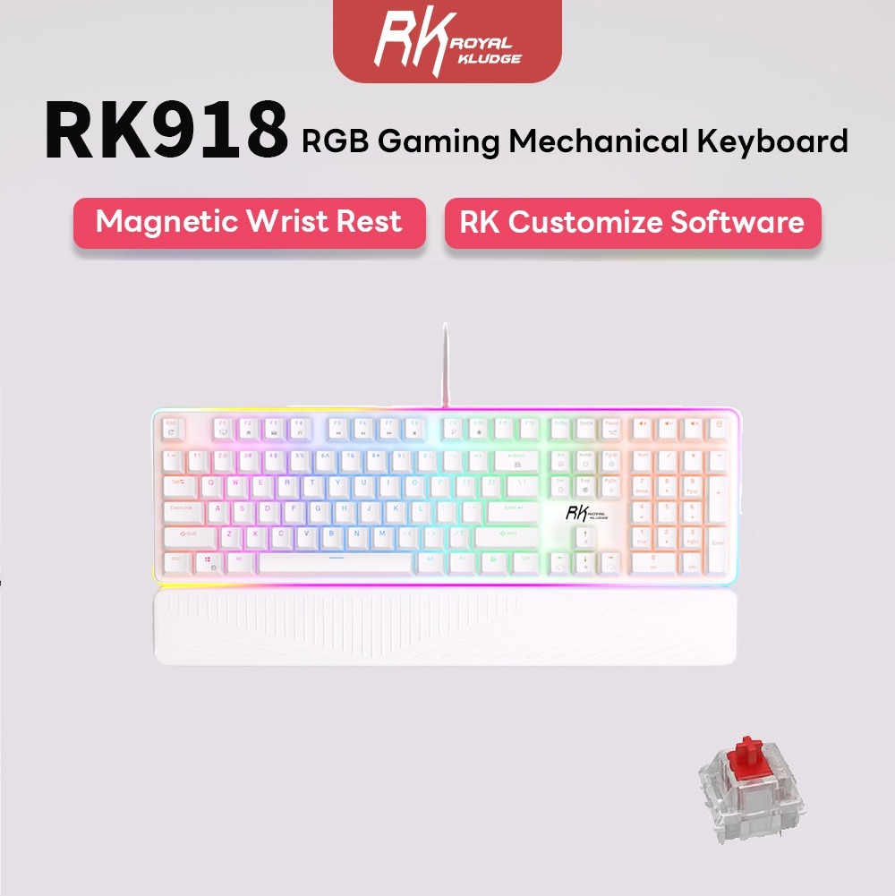 Royal Kludge RK918 Full-Size 108-Key Mechanical Gaming Keyboard with Red Switches, RGB Backlight, Wired Connection, White