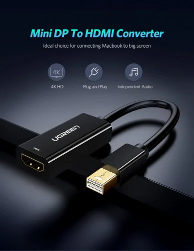s-30175-ugreen-mini-dp-to-hdmi-converter-4k-1619618308-24778615-b UGREEN Mini DisplayPort To HDMI Converter 4K Black | Supports 3840x2160 @30Hz | Audio Video Sync | Gold-Plated | For MacBook Surface ThinkPad Zenbook Intel NUC - Image 1