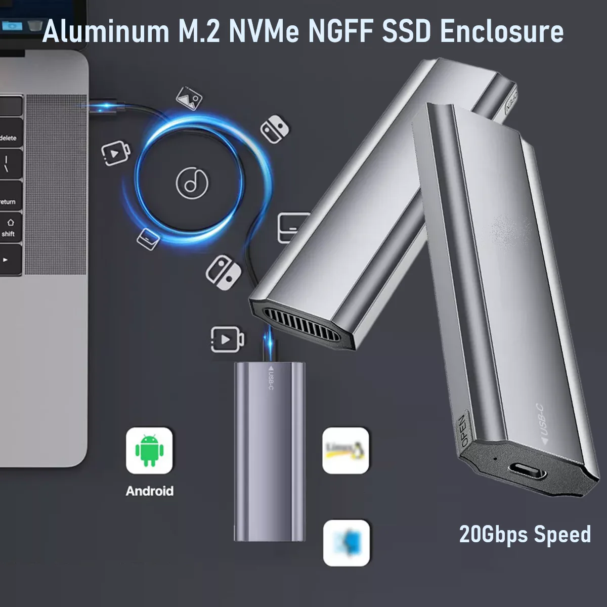 M11-N20G ENCLOSURE SSD M11 N20G 9220NVME USB 3.1 TYPE-C M.2 SATA + M.2 NVME ALUMINUM SILVER Aluminum M.2 NVMe NGFF SSD Enclosure USB 3.1 Type-C With Cooling Vest – 20Gbps Speed, PCIe M-Key & B+M Key Support, 2280/2260/2242mm, Plug & Play, CNC Thermal Design | M11-N20G SILVER GREY