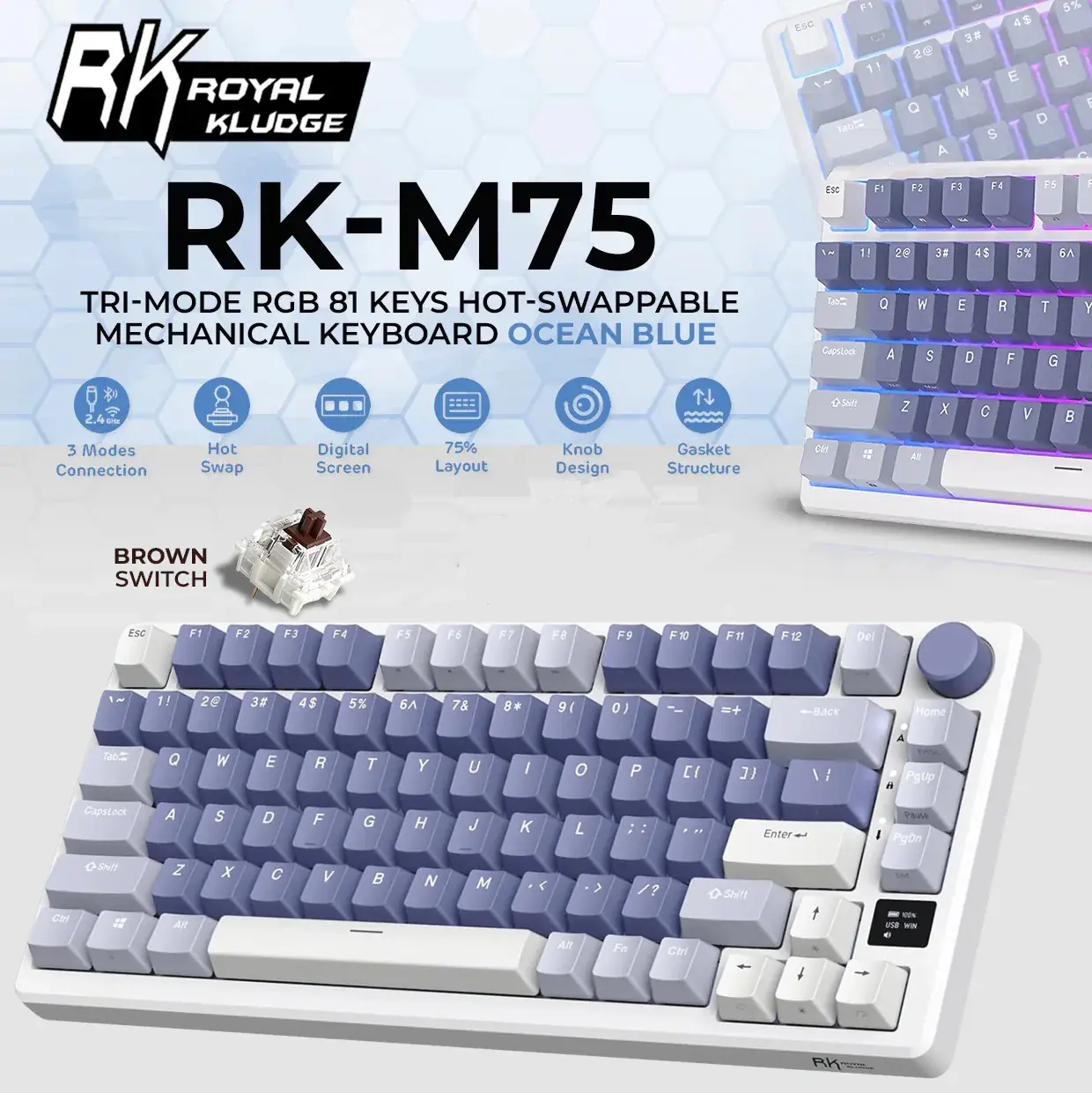 sdfh346led-11 ROYAL KLUDGE RKM75 81-Key Ocean Blue Gaming Mechanical Keyboard with Brown Switches, RGB Backlighting, and Tri-Mode Connectivity