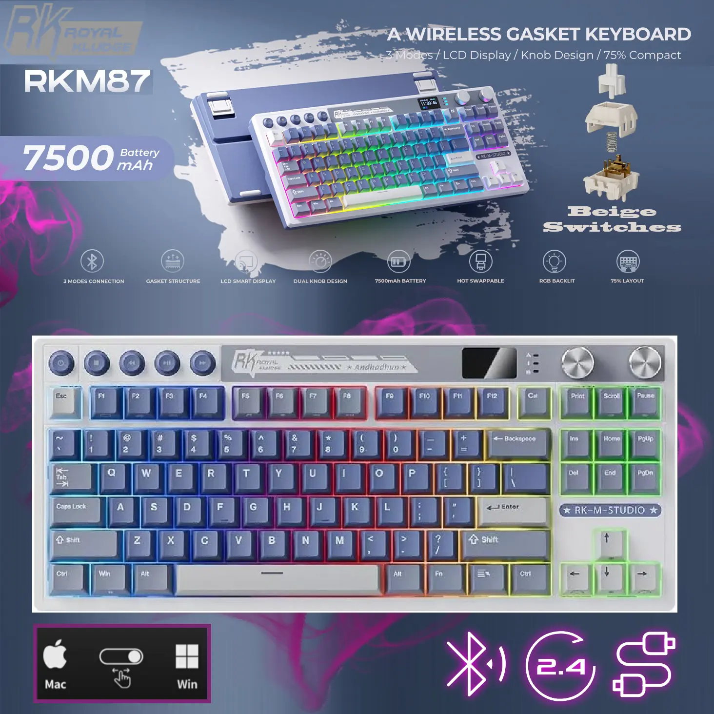 RK-M87-OCEAN-BEIGE ROYAL KLUDGE RK M87 88KEYS / BEIGE SWITCH / OCEAN BLUE RGB TRI-MODE SWAPPABLE KEYBOARD RK ROYAL KLUDGE  RK M87 88-Key Wireless Gaming Keyboard with LCD Screen and Dual Knob, 75% Percent 2.4Ghz/Bluetooth/USB-C Mechanical Keyboard with Gasket Structure, RGB Backlit Hot Swappable Beige Switches | Ocean Blue