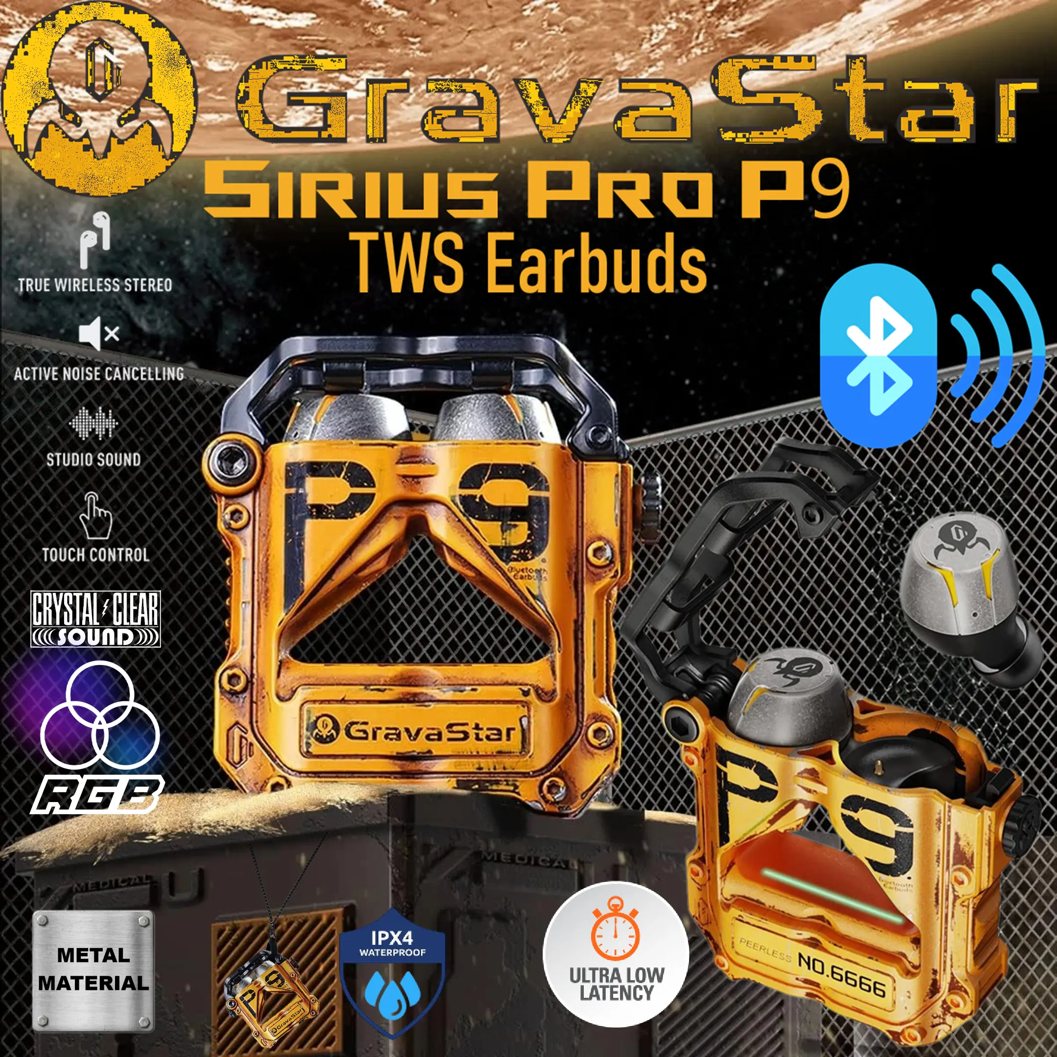 sdfhg76581548 501185-PRO-P9-WY Sirius Pro P9 RGB TWS Earbuds Waterproof Metal GravaStar Sirius Pro P9 True Wireless Earbuds, Bluetooth 5.2, ENC Noise Cancelling, 65ms Low Latency, RGB Lights, IPX5 Waterproof, 16H Battery, Type-C Charging ; Metal necklace | WAR DAMAGED YELLOW