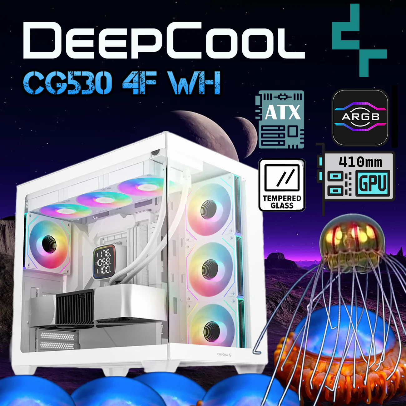R-CG530-WHADA4-G-1 DEEPCOOL CG530 4F MID TOWER ITX 410mm 4*FAN ARGB WHITE GAMING CASE DeepCool CG530 4F Dual-Chamber Mid-Tower ATX Case with 270° Glass View, 4 ARGB Fans, 360mm Radiator Support, USB-C, 410mm GPU Support, Hidden Cabling, 7 Expansion Slots | WHITE