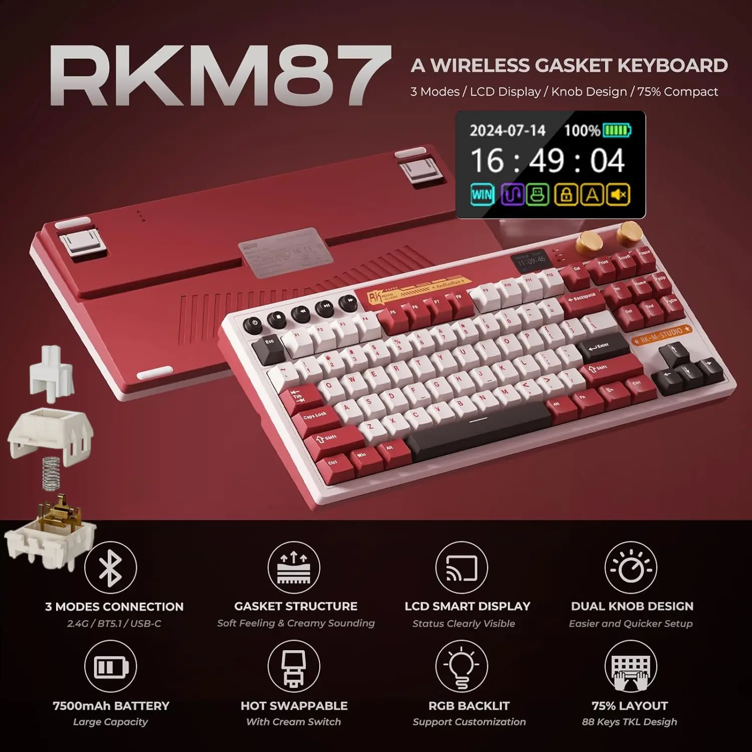 RK-M87-FAMICOM-BEIGE ROYAL KLUDGE RK M87 88-Key Gaming Mechanical Keyboard with LCD Smart Display, RGB Backlighting, Tri-Mode Connectivity, Hot-Swappable Tactile Beige Switch , and Multi-Function Dual Knobs | FAMICOM RED